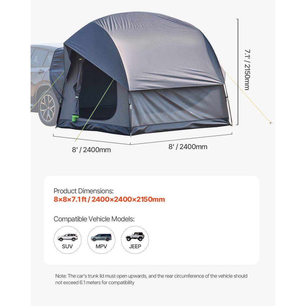 SUV Tent Camping Car Tent (240x240x215cm) Waterproof PU2000 Spacious Double Layer Design for 5-8 People SUV Camping Tent with 2 Doors & Mesh Windows & Rain Cover & Bag