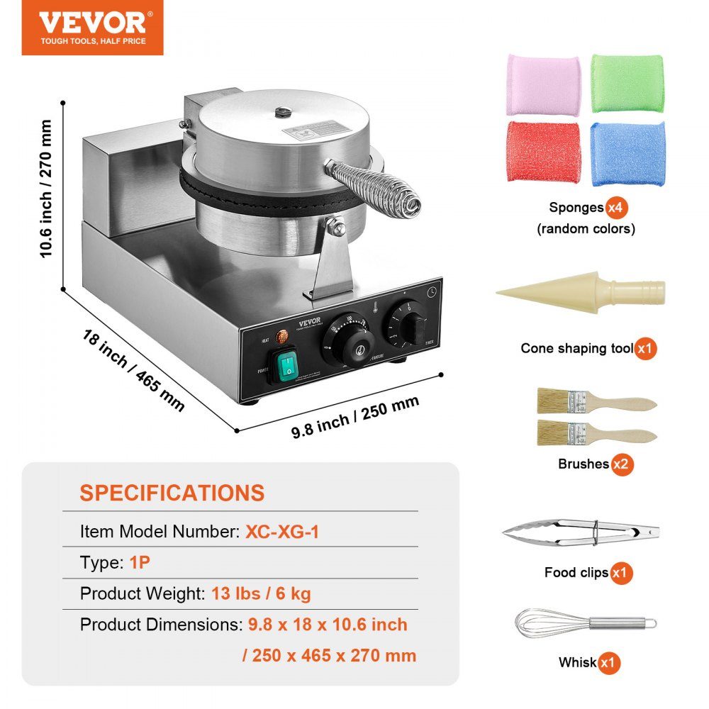 Electric Ice Cream Cone Machine, Commercial Waffle Cone Machine, 1230W Non-Stick Spring Roll Mold with Temperature and Time Control Handle for Restaurant, Bakery, Snack Bar, Family