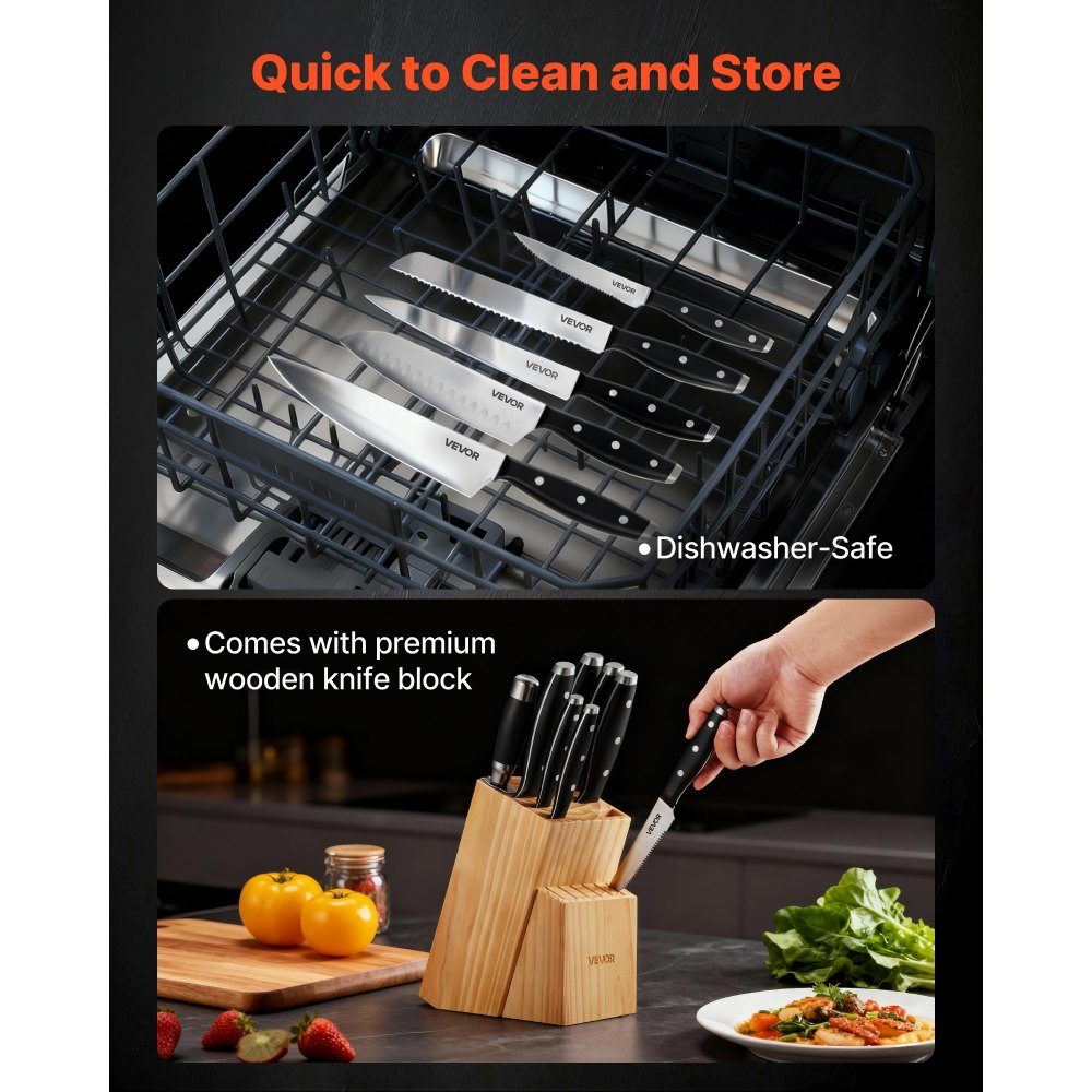 Kitchen knife set with knife block (wood) & sharpening steel, 15 pieces. Knife set, high carbon stainless steel knives, kitchen cutlery with ergonomic handle and kitchen scissors for home cooks