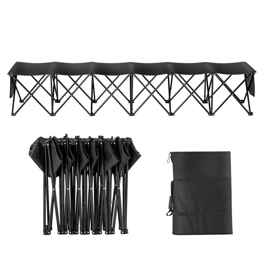 Tragbare Klappbank, 6 Sitze, klappbare Seitenbank, Outdoor-Campingbank, Stühle mit Tragetasche, Teamsport-Seitenbank für Fußball, Camping, Angeln, kein Zusammenbau erforderlich, sofortiger Sitz, schwarz