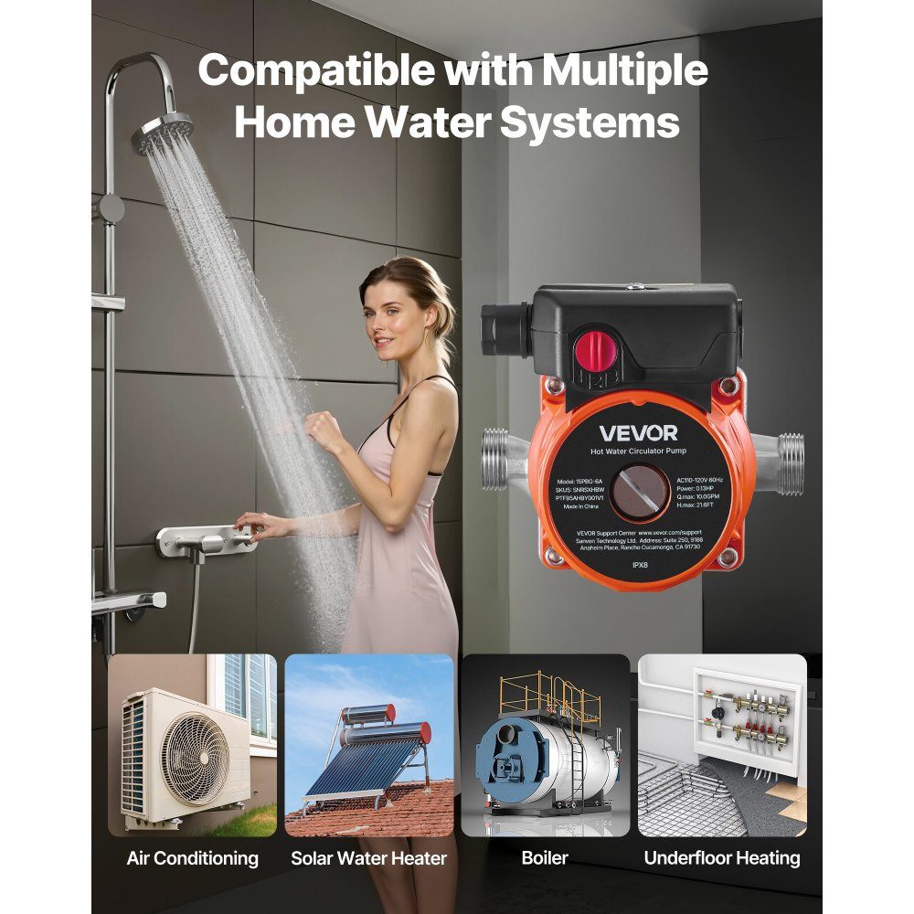 Circulation Pump 38L/min Instant Circulation Circulation Pump System 3 Speed ​​Control 100W AC 220-240V G3/4" to G1/2" Adapter Stainless Steel Head for Water Heater System