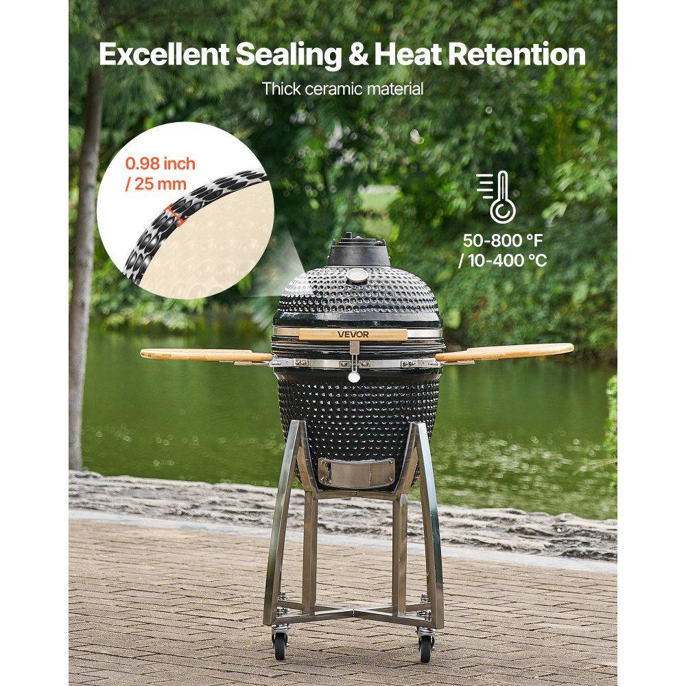 Kamado-Grill, Keramikgrill, Smoker Ø 450 mm, mit Holzgriffen, Seitenablagen, Metallständer mit Rädern & Thermometer bis 400°C, oberer & unterer Luftstrom, zum BBQ, Grillen, Kochen & Backen im Freien