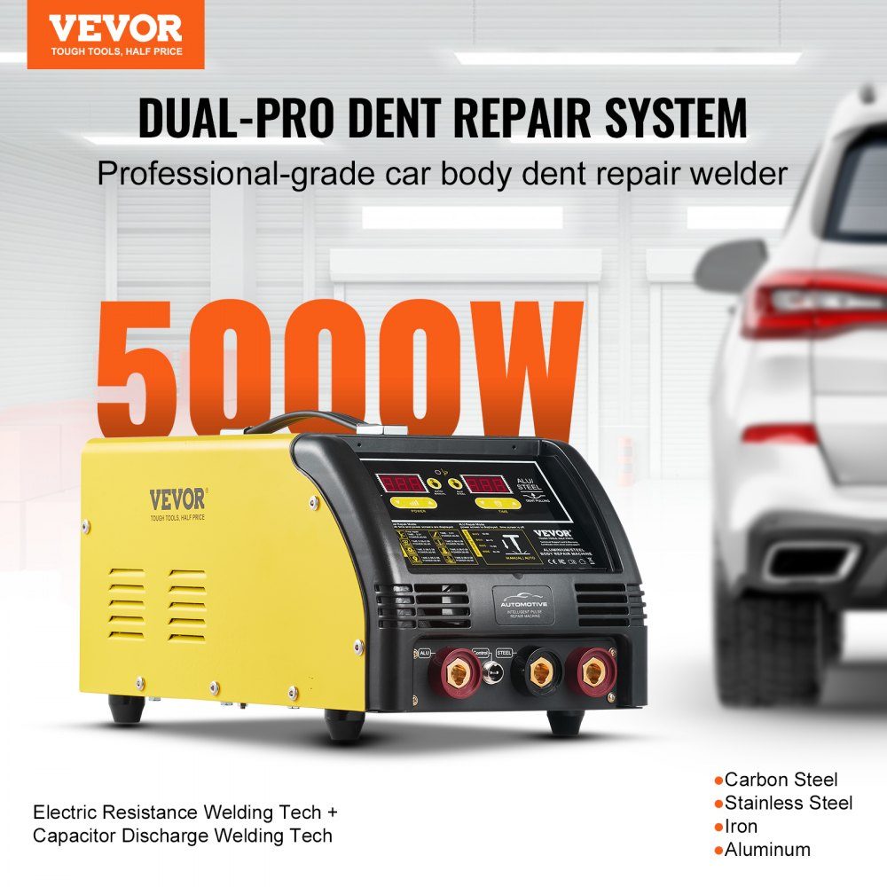 Dual Dent Spotter Deluxe AL/Fe deukreparatieset, 5 kW lasapparaat met automatisch/handmatig lassen en 10 modi, puntlasapparaat voor reparatie van auto-onderdelen van staal en aluminium