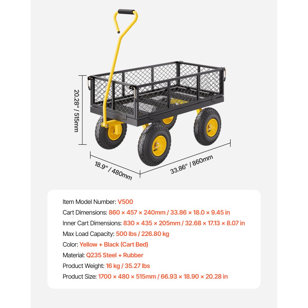 Handwagen 226,80 kg, transportwagen, tuinwagen, materiaalwagen, steekwagen met grote offroad-banden, afneembare zijpanelen van gaasmateriaal en 180° draaibare handgreep, geel/zwart Handwagen 226,80 kg, transportwagen, tuinwagen, materiaalwagen, steekwagen met grote offroad-banden, afneembare zijpanelen van gaasmateriaal en 180° draaibare handgreep, geel/zwart