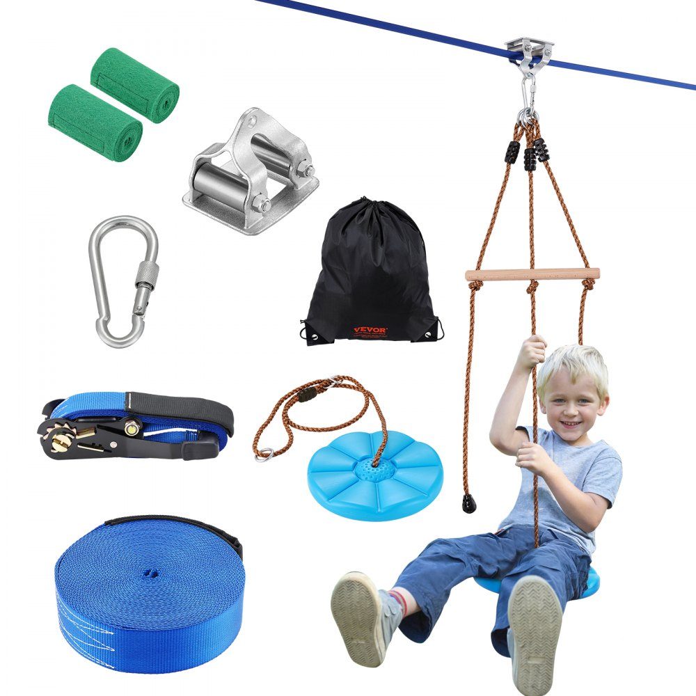 Zipline für Kinder und Erwachsene, 50-Fuß-Zipline-Sets bis zu 300 Pfund, Outdoor-Hinterhof-Seilrutschen, Spielplatzunterhaltung mit Zipline, Nylon-Sicherheitsgurt und Zubehörset
