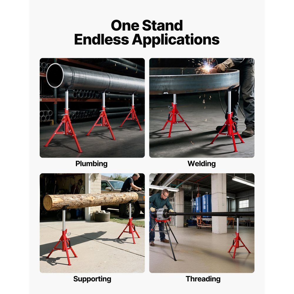 Support de tube Support de tube en acier au carbone Tête en V Capacité de charge maximale 1134 kg Support de tube Hauteur réglable de 61 à 107 cm Pieds pliables pour le transport Idéal pour les machines à fileter Rainures de rouleau