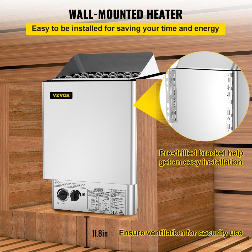 Saunaofen 9 KW, Sauna-Elektroherd 380 V - 415 V, Edelstahl-Saunaofen 20 kg Saunasteine, elektrischer Saunaofen 2 Modi (Temperatur, Zeit), für 9-13 m³ Saunaraum, 190 cm Höhe, mit Wandhalterung