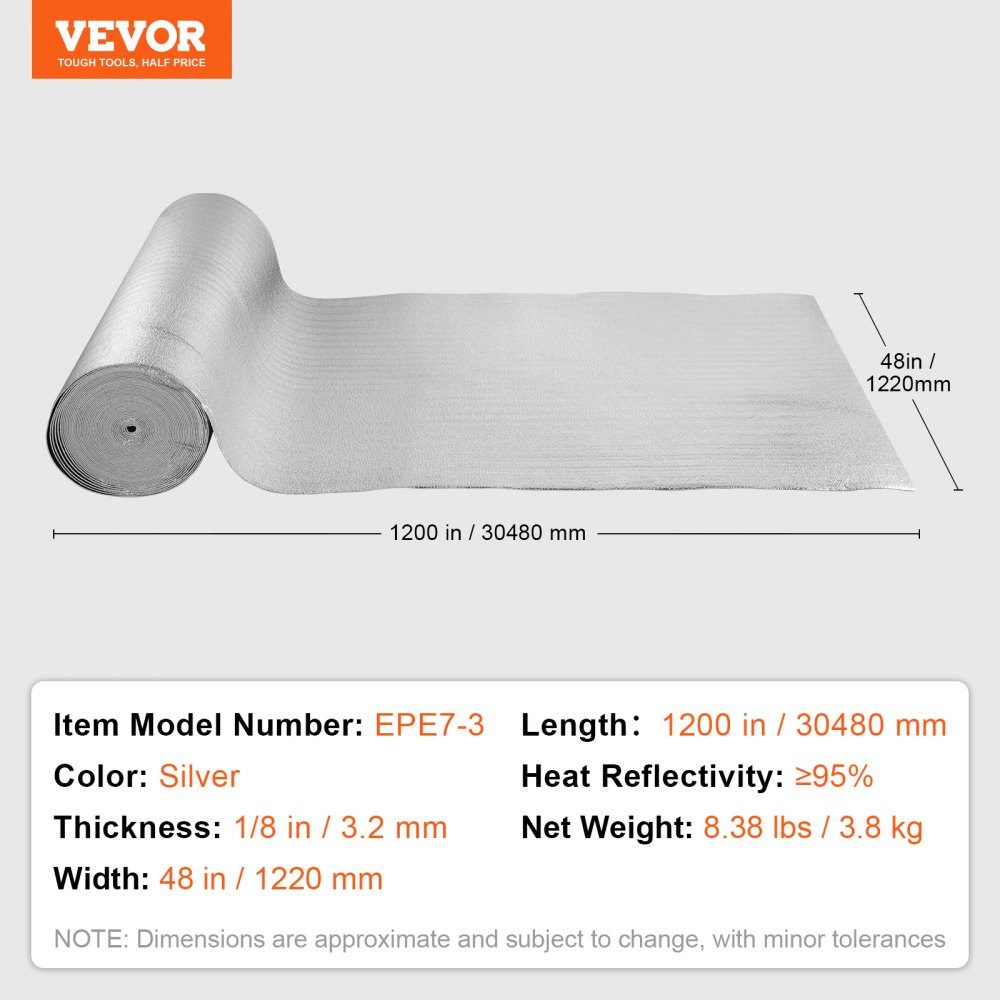 Dubbele reflecterende isolatierol, stralingsbarrière met schuimkern, 3,2 mm, 48 "x 100 ft, dubbelzijdig warmtereflecterend bord gemaakt van aluminiumfolie en EPE-schuim, thermische isolatierol voor ramen en camperdaken