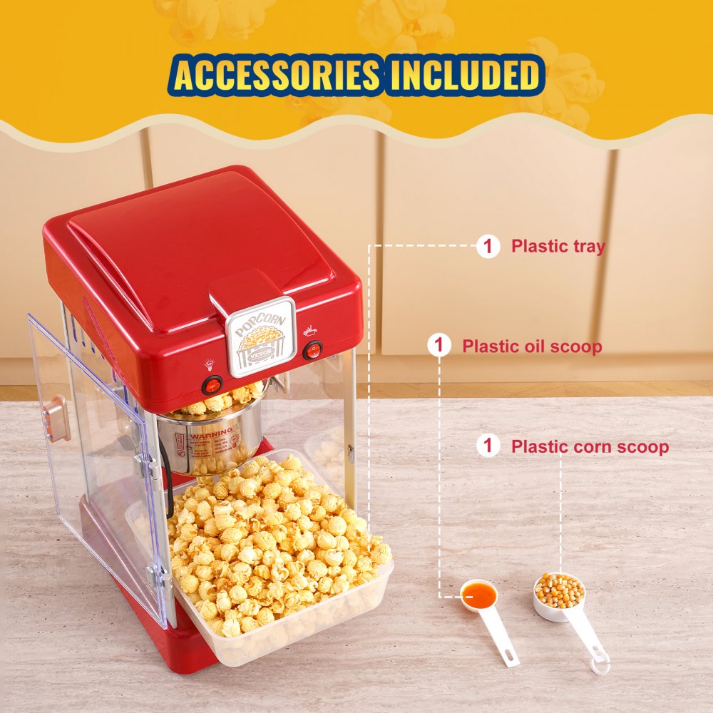 Popcornmaker, 300 W popcornmaker, 2,5 oz waterkoker voor 4QT per lading, popcornmaker op aanrecht met PP-deur, inclusief 2 scheppen en lade, bioscoopstijl, rood Popcornmaker, 300 W popcornmaker, 2,5 oz waterkoker voor 4QT per lading, popcornmaker op aanrecht met PP-deur, inclusief 2 scheppen en lade, bioscoopstijl, rood