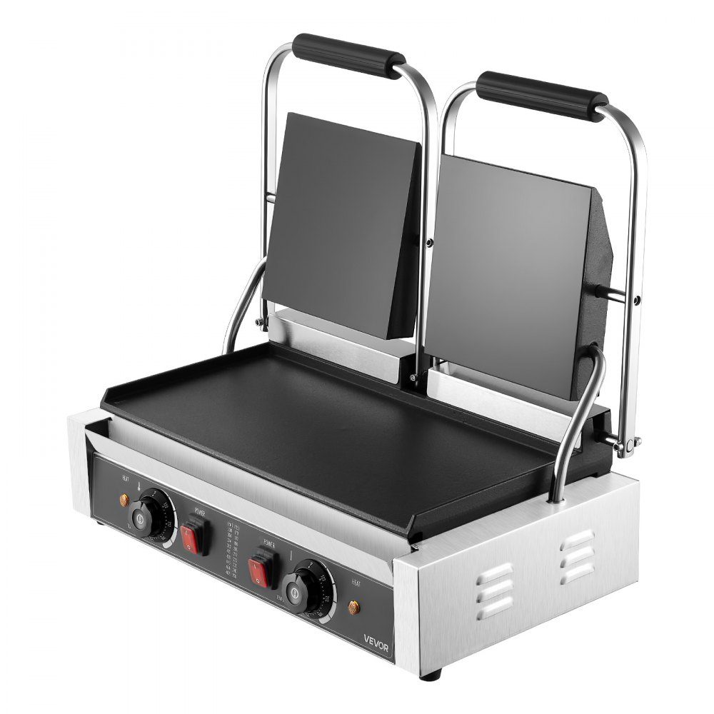 Gewerblicher Kontaktgrill 3600 W Elektrogrill Sandwichmaker (doppelte Backplatten) Paninipresse aus Edelstahl mit Temperaturregelung, 48 x 23 cm flache Emailleplatte, für Hamburger-Steak-Speck