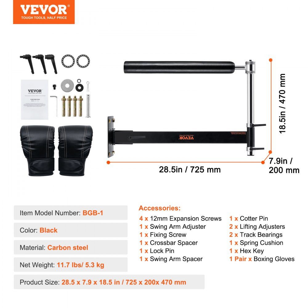 Wall Mounted Boxing Reflex Bar Boxing Speed ​​Trainer Boxing Spinning Bar with Gloves Adjustable Training Equipment for Boxing Training Kickboxing MMA Stress Relief Fitness Black