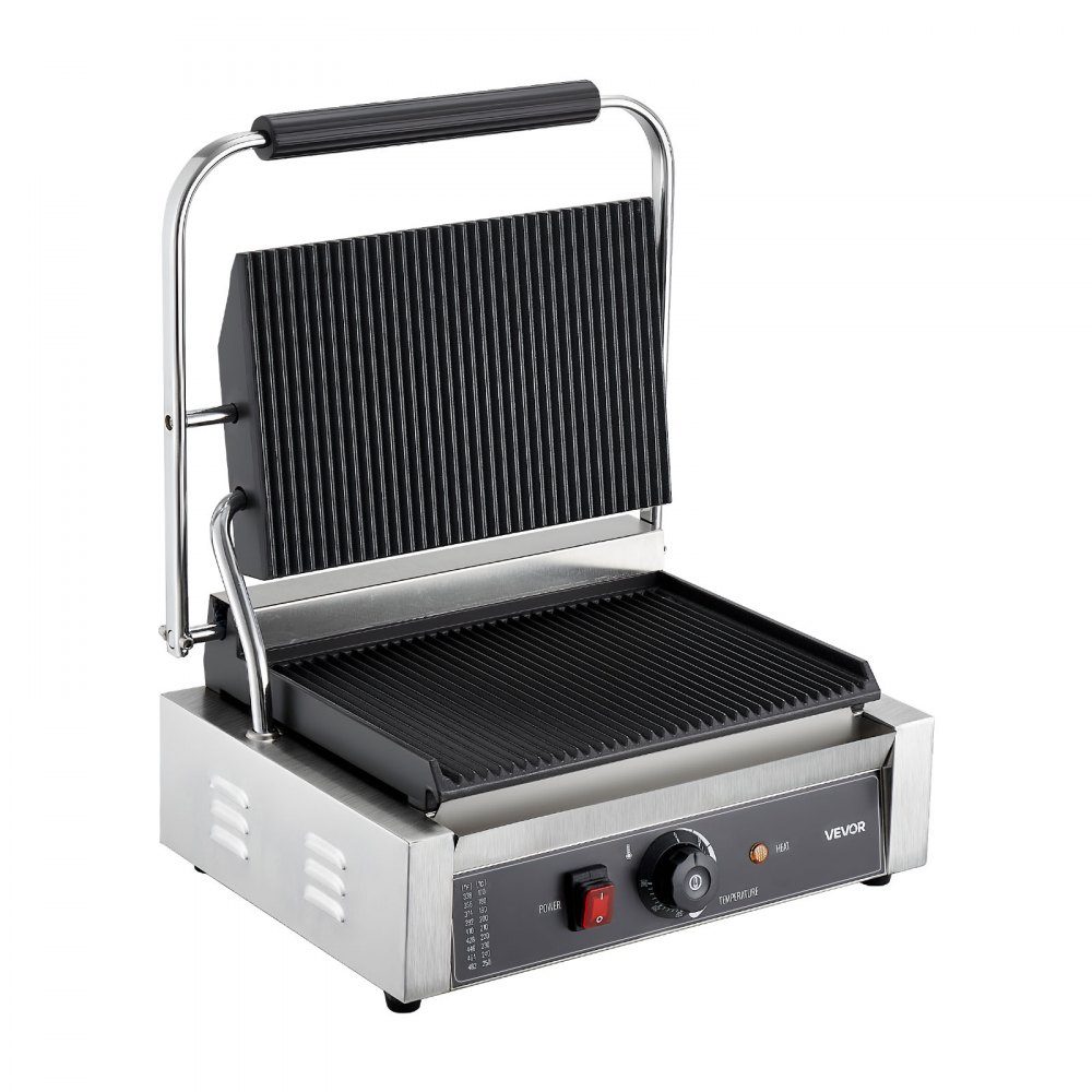Commercial Panini Grill, Contact Grill 2200 W, for Sandwiches, Steak, Bacon, Hamburgers, Sandwich Maker, Stainless Steel Press Grill with Handle & Temperature Controller & 34 x 23 cm Heating Plate, Panini Press