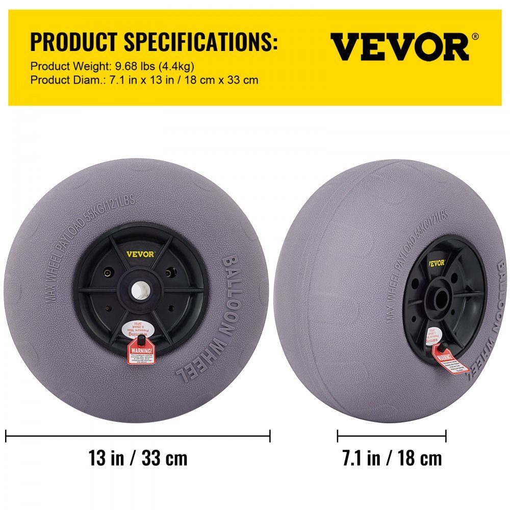 Pneus de Roues de Ballon de 13", Roues de Plage en TPU Pneus de Sable de Ballon de Remplacement 55 kg Capacité de Charge 2-3 PSI Basse Pression pour Chariot de Kayak Chariot de Canoë Chariot de Plage Chariot de Jardin Chariot de Pêche - Paquet de 2