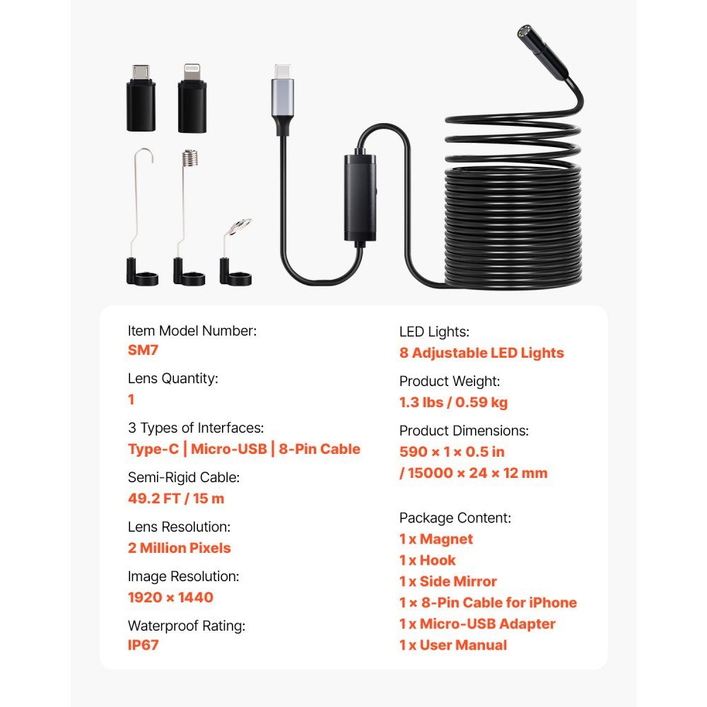 Endoskopkamera mit 15 m Kabel, 1920P HD-Inspektionskamera für Android und iOS, industrielle Kanalisationskamera mit Licht – 8 LEDs, 2-fach Zoom, IP67-Schlangenkamera für Auto, Sanitär