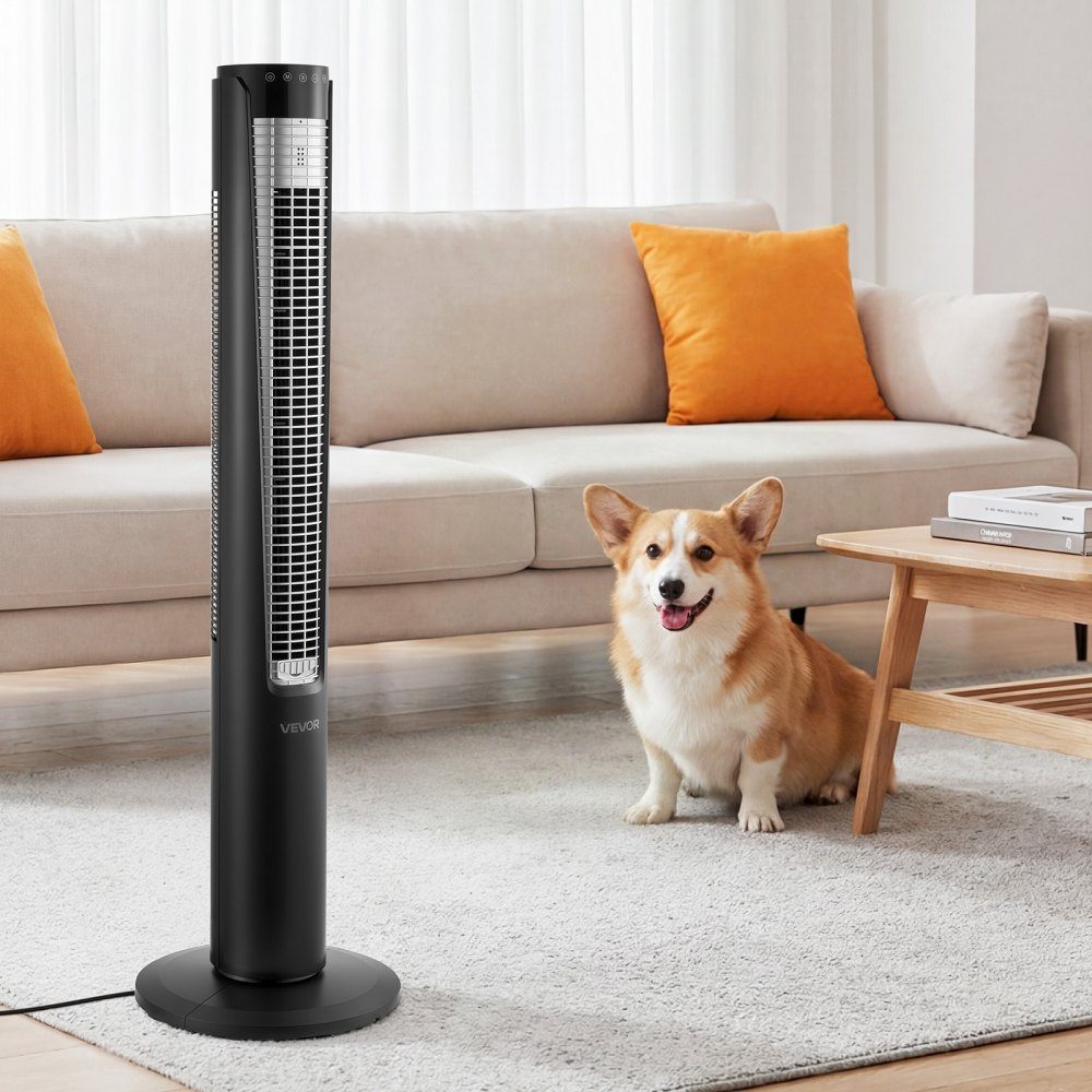Torenventilator van 60 W, kolomventilator van 107 cm met 3 snelheden, 4 modi, 12-uurs timer, 70 ° oscillerende ventilator met afstandsbediening, stille voetstukventilator voor slaapkamer, kantoor, zwart