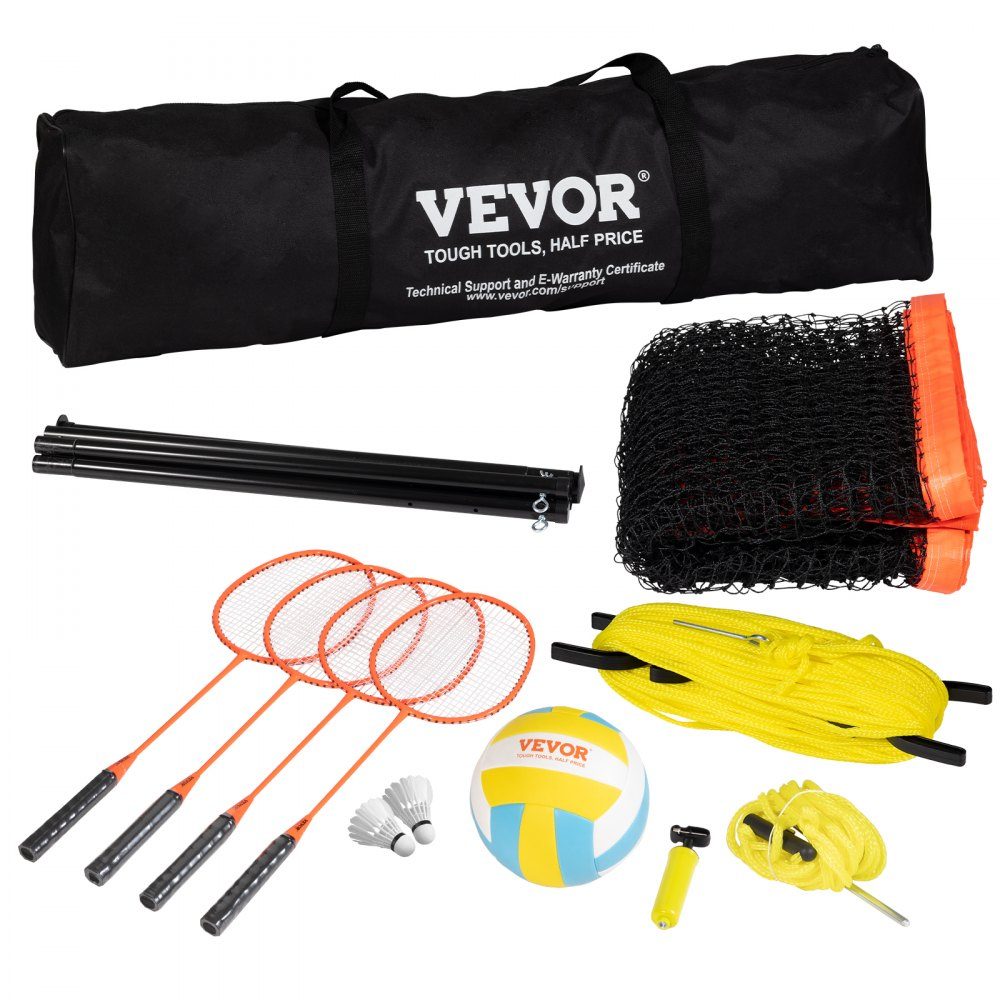 Volleybalnet, in hoogte verstelbaar badmintonnet, 36" x 370" draagbaar strandvolleybalnet, oranje volleybalnet, opvouwbaar volleybalnet met volleybal, draagtas en badmintonracket
