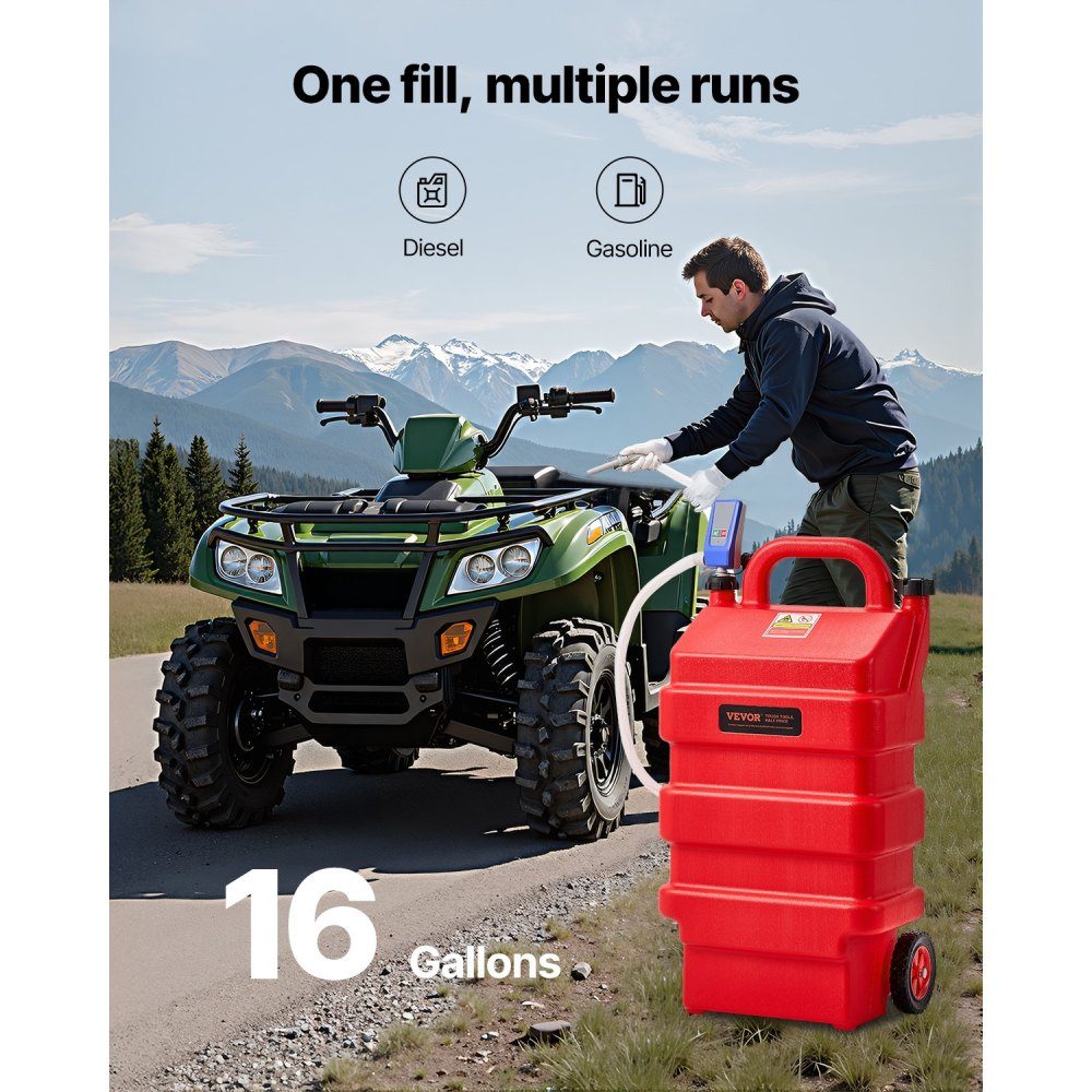 Fuel Truck, 60L with 12-V-Gleichstrom-Kraftstofftransferpumpe Fuel Canister, 1.2m Delivery Hose and Auto Stop Sensor Nozzle, Tank Adapter, Suitable for Diesel and Petrol, Red