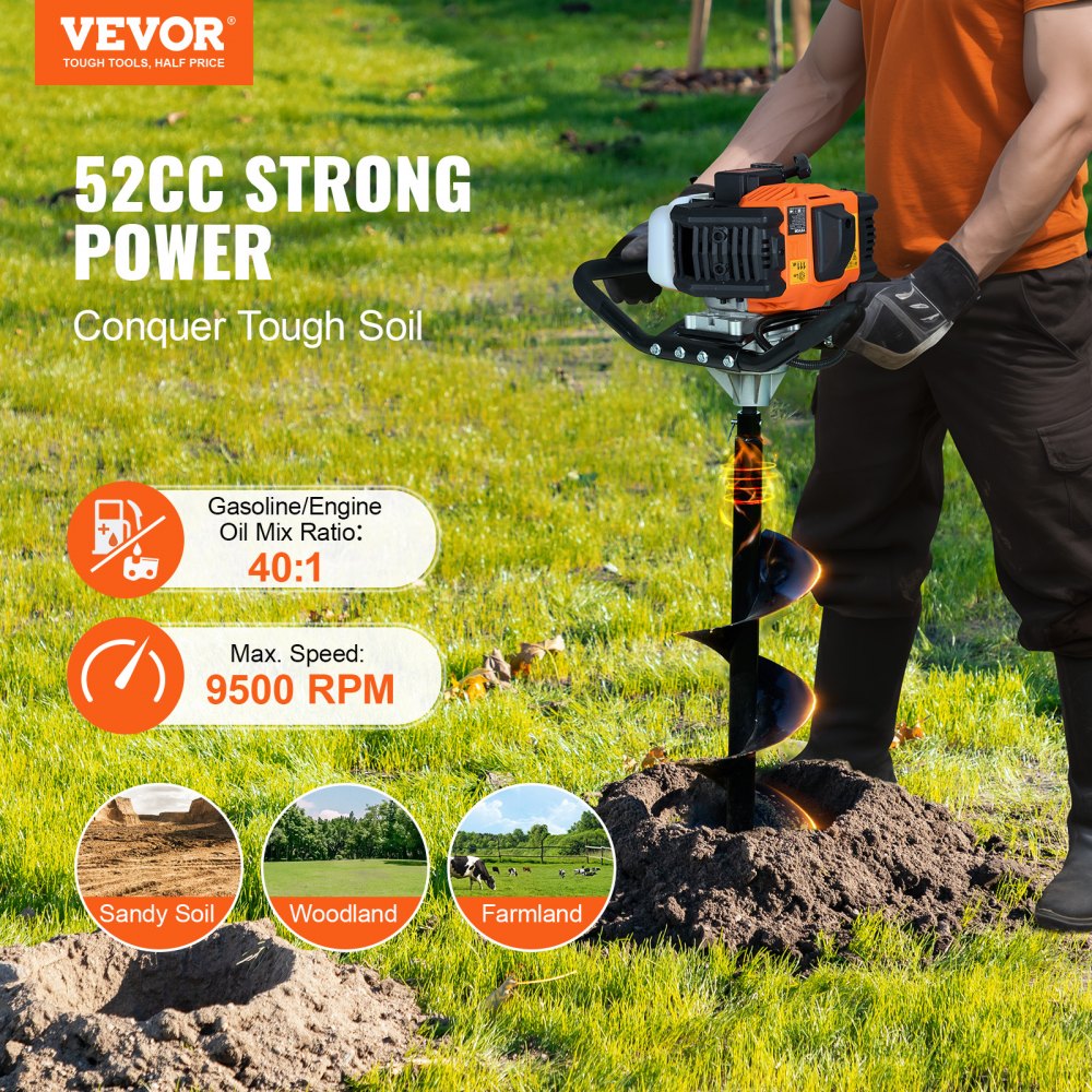 Erdbohrer mit Benzinmotor, 52 CC, 1450 W, Benzinbohrer mit 8-Zoll-Bits und 1 Verlängerungsstange, Pfostenzaunlochbohrer für Ackerland-Gartenpflanzen, Orange + Schwarz