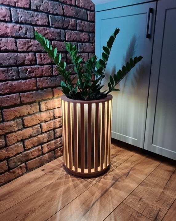Handmade flower pot made of oak slats square 2in1 LED lighting 48cm