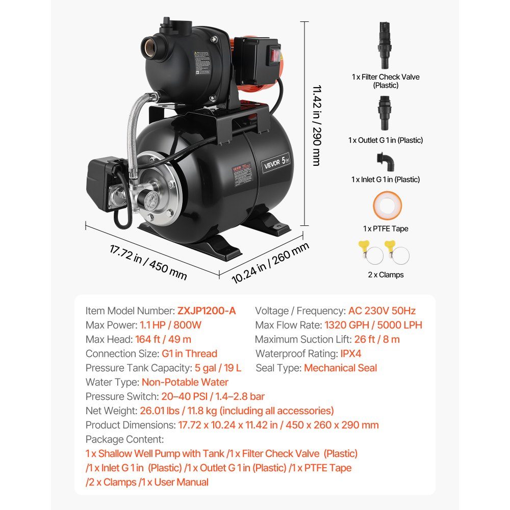 Hauswasserwerk 800 W, 5000 L/h Strahlpumpe mit 19 L Druckbehälter, 49 m Förderhöhe, inklusive automatischem Wasserfördersystem & Kunststoff-Pumpenkopf, für Gartenbewässerung & Hauswasserversorgung