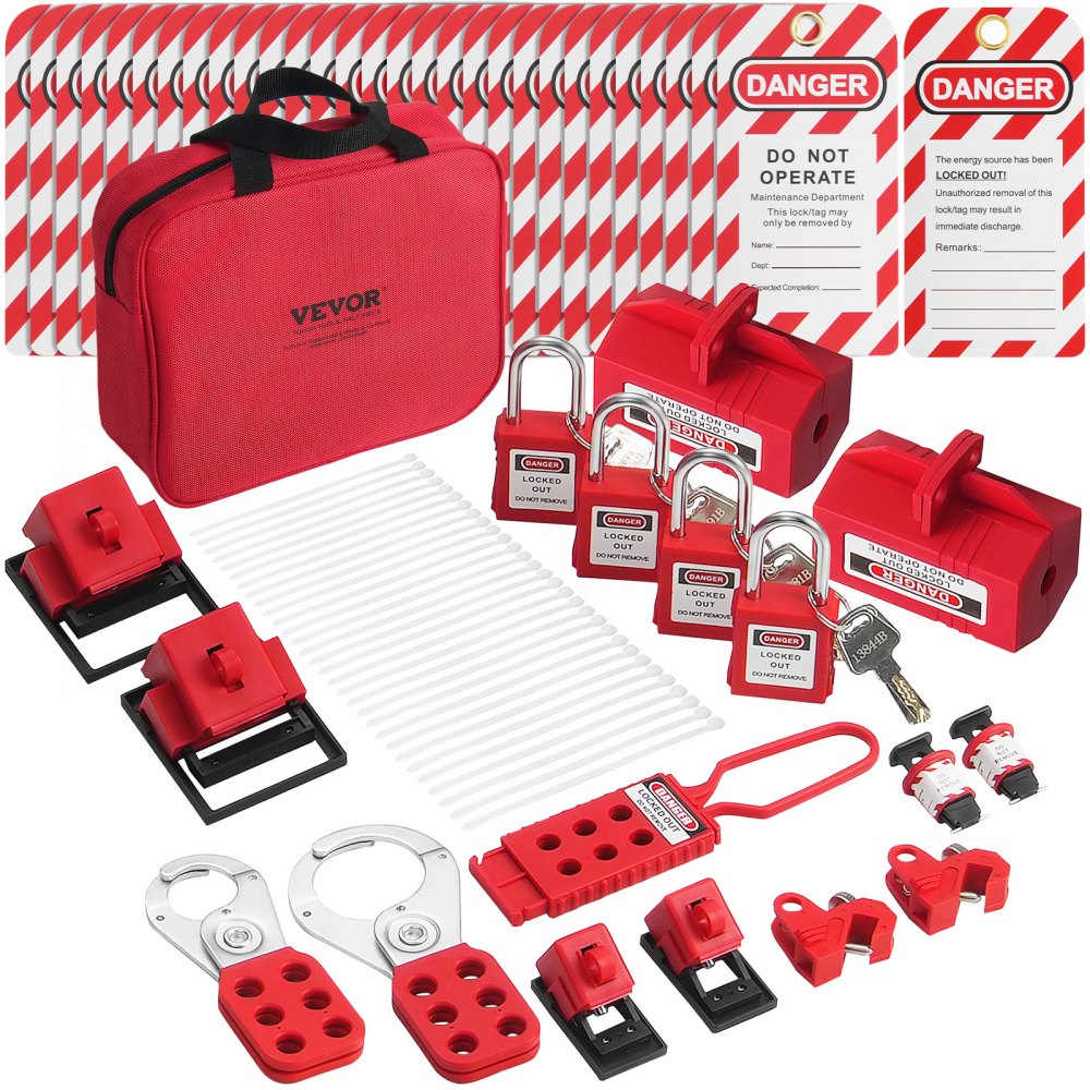Elektrische vergrendeling Tagout-set, 47-delige Loto-beveiligingsset met hangsloten, grendels, tags, nylon riemen, stekkervergrendelingen, stroomonderbrekervergrendelingen en draagtas