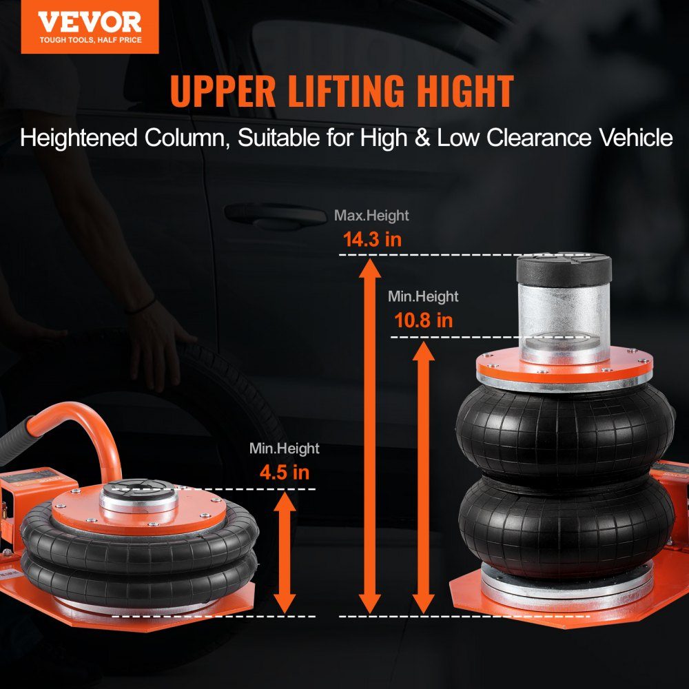 Pneumatic car jack Air Jack adjustable 3 t with raised column, easy to lift and space-saving car jack with thick rubber pad and short handle, for sedan SUV pickup