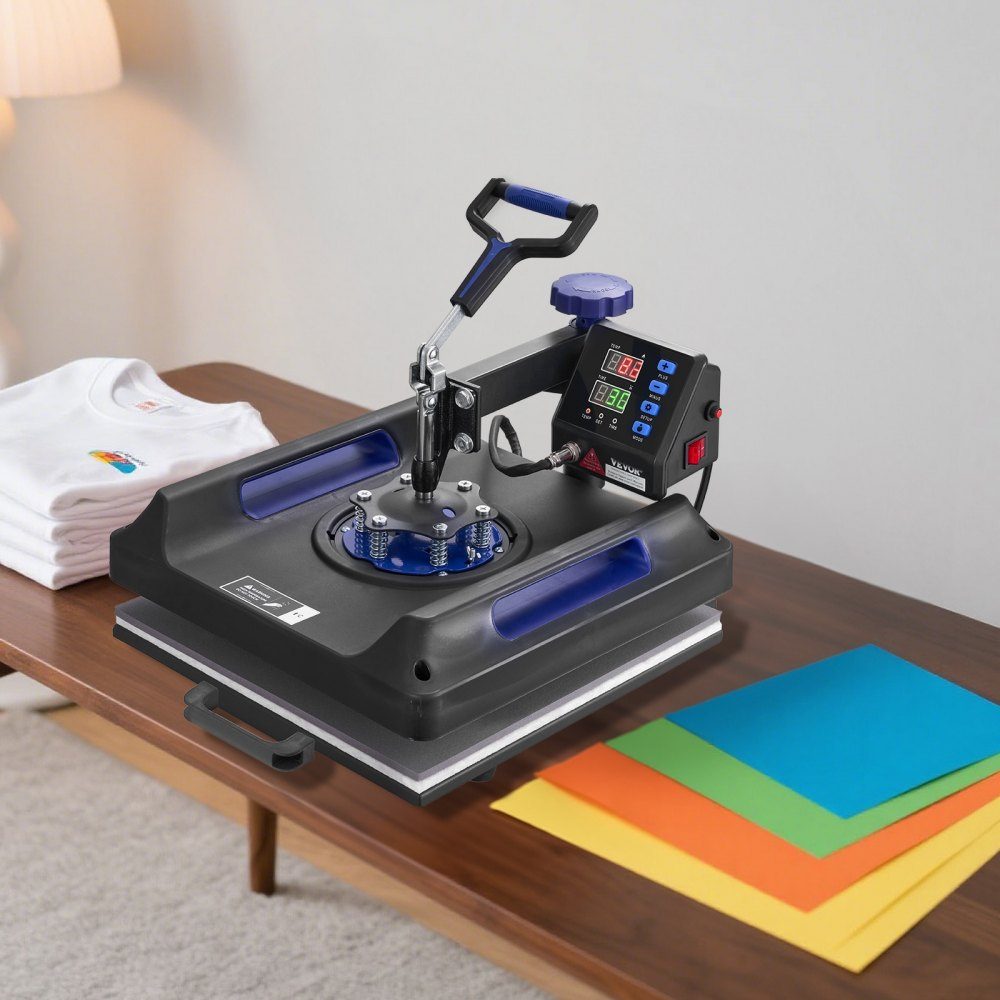 Warmtepers 15" x 15" 5 in 1 warmteoverdrachtmachine met 30-Unzen-Trommelpresse 360° wegzwenkbaar digitaal T-shirt met tefloncoating voor T-shirts/mokken/hoeden/borden zwart + blauw