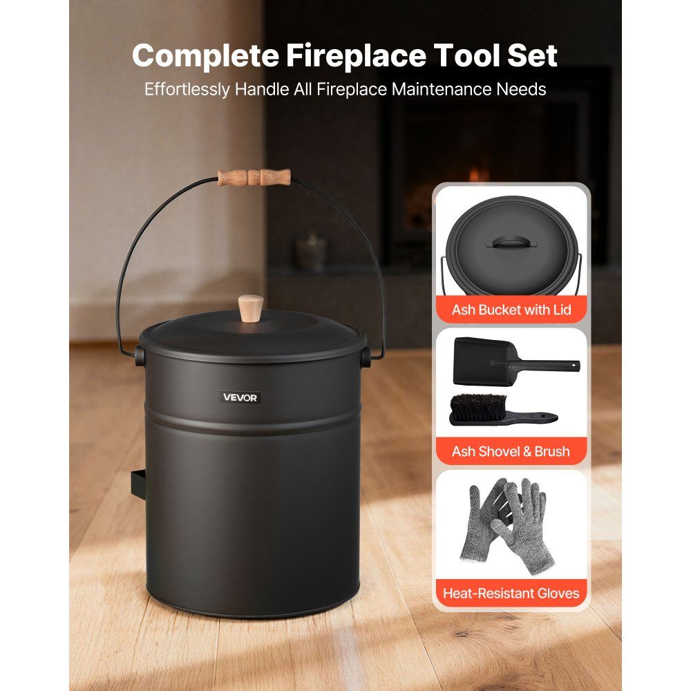 Ash bucket with lid, 4-piece set, including charcoal bucket, shovel, broom & gloves, fireplace charcoal bucket & ash can made of metal, 15 L capacity for fireplaces, fireplaces, wood stoves