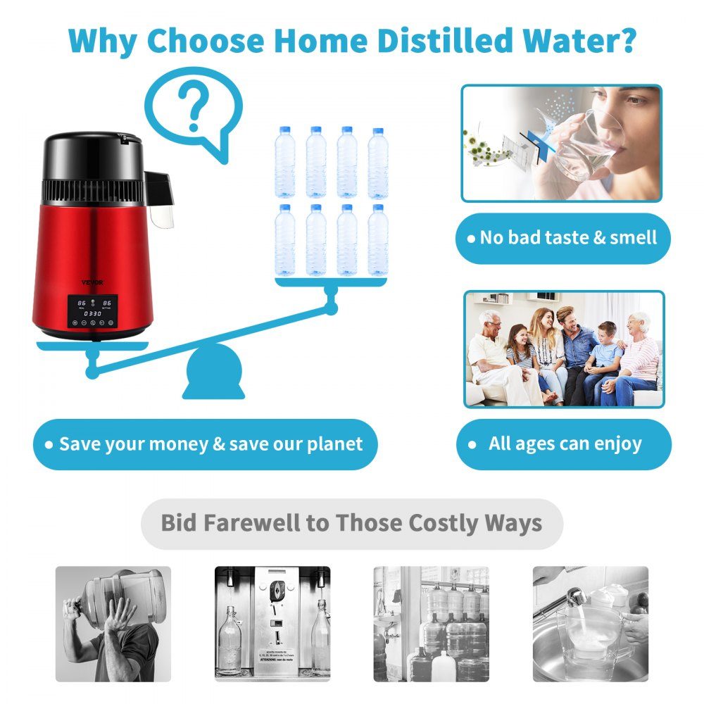 Water distiller 1 l/h. 750W Water Distiller, Distilled Water, Stainless Steel Distilling System, Red Water Distiller, Borosilicate Glass Jug, Household Pure Water Distilling