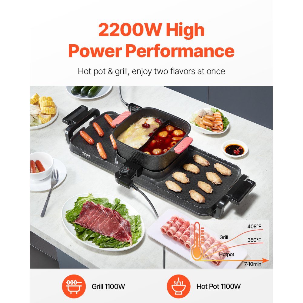 Hot Pot 2300 W 2-in-1 elektrischer rauchfreier Grill, abnehmbarer Shabu-Shabu-Topf mit Antihaft-Pfanne, separate Doppeltemperaturregelung, koreanischer Indoor-BBQ-Grill für 1–6 Personen