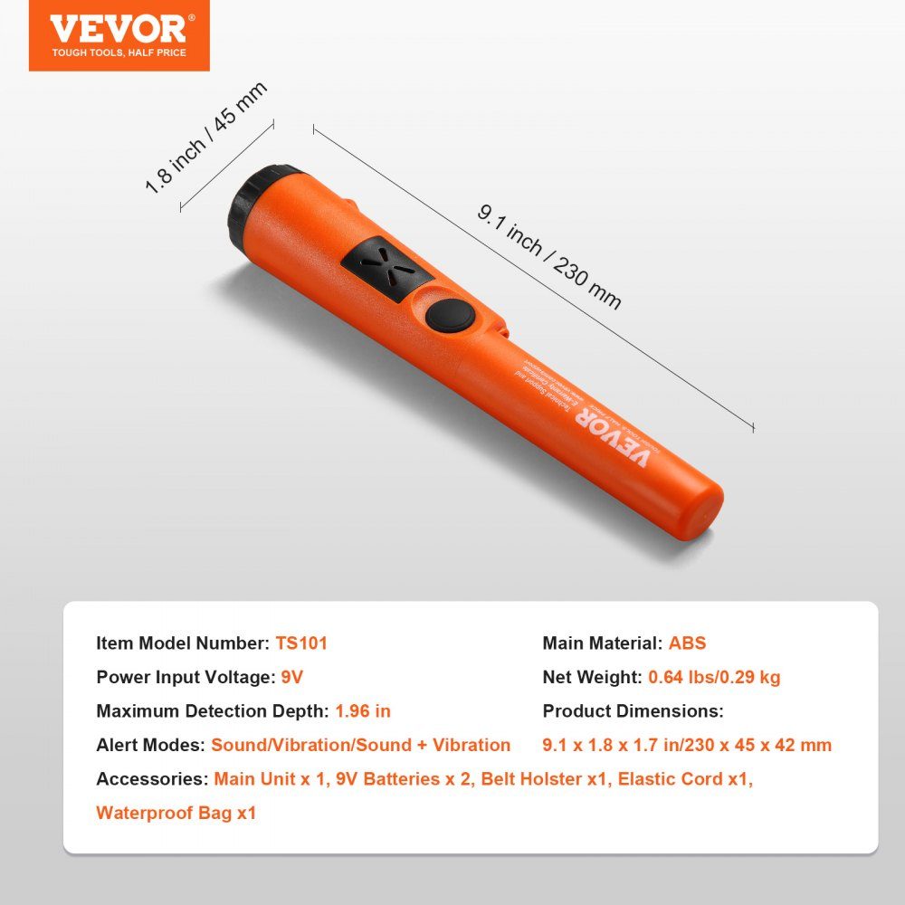 Pinpointer de détecteur de métaux, IP66, détecteur de métaux entièrement étanche, profondeur de détection de 5 cm, propointeur, chasse au trésor avec 3 modes, son/vibration/son + vibration, pile 9 V et sac en velours inclus