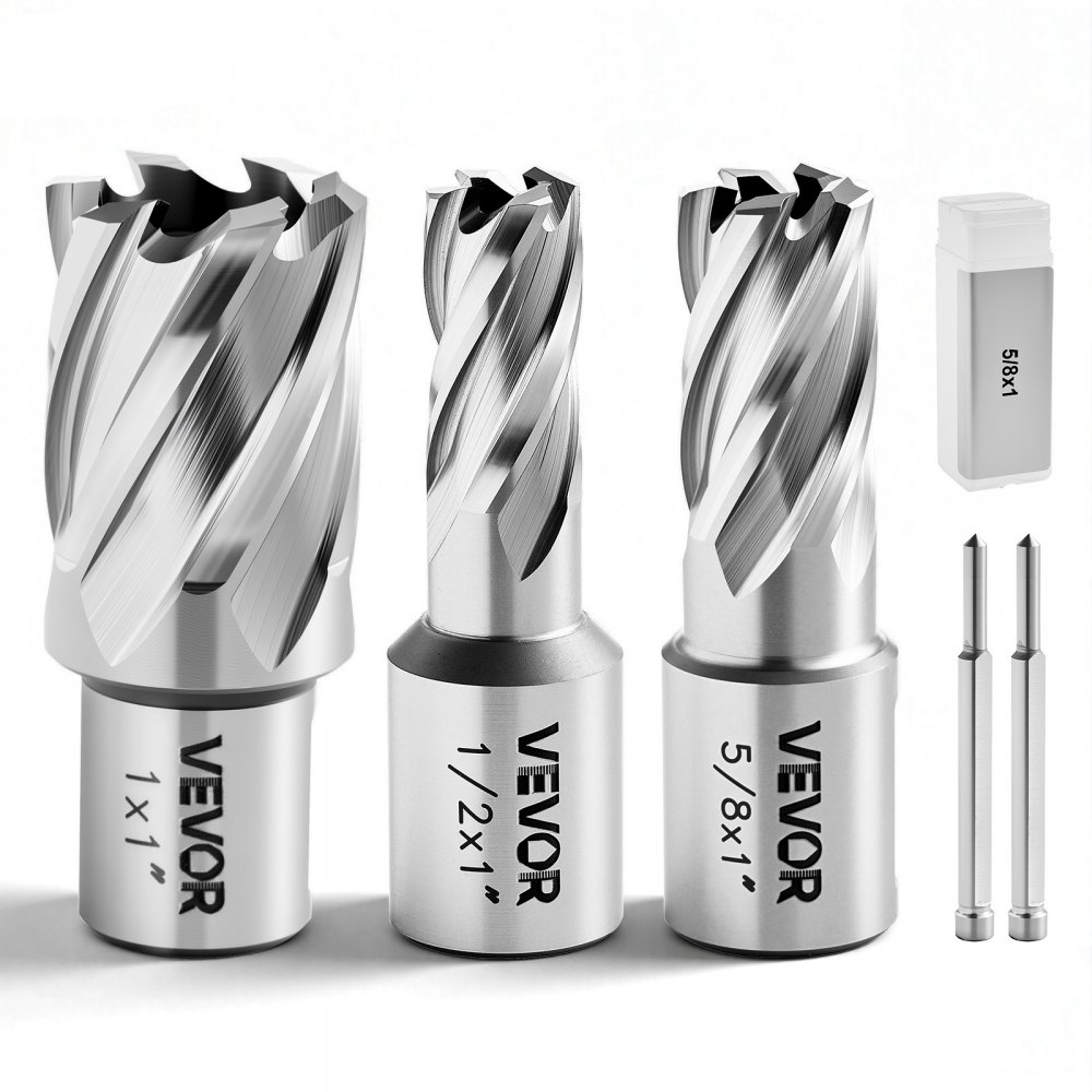 Carottier HSS Arbre Weldon 5 pièces. Diamètre de coupe 12,7/15,87/25,4 mm, 3 forets avec 2 broches de centrage, profondeur de coupe 25,4 mm, 3 boîtes en plastique, idéal pour les forets magnétiques en acier et aluminium Carottier HSS Arbre Weldon 5 pièces. Diamètre de coupe 12,7/15,87/25,4 mm, 3 forets avec 2 broches de centrage, profondeur de coupe 25,4 mm, 3 boîtes en plastique, idéal pour les forets magnétiques en acier et aluminium