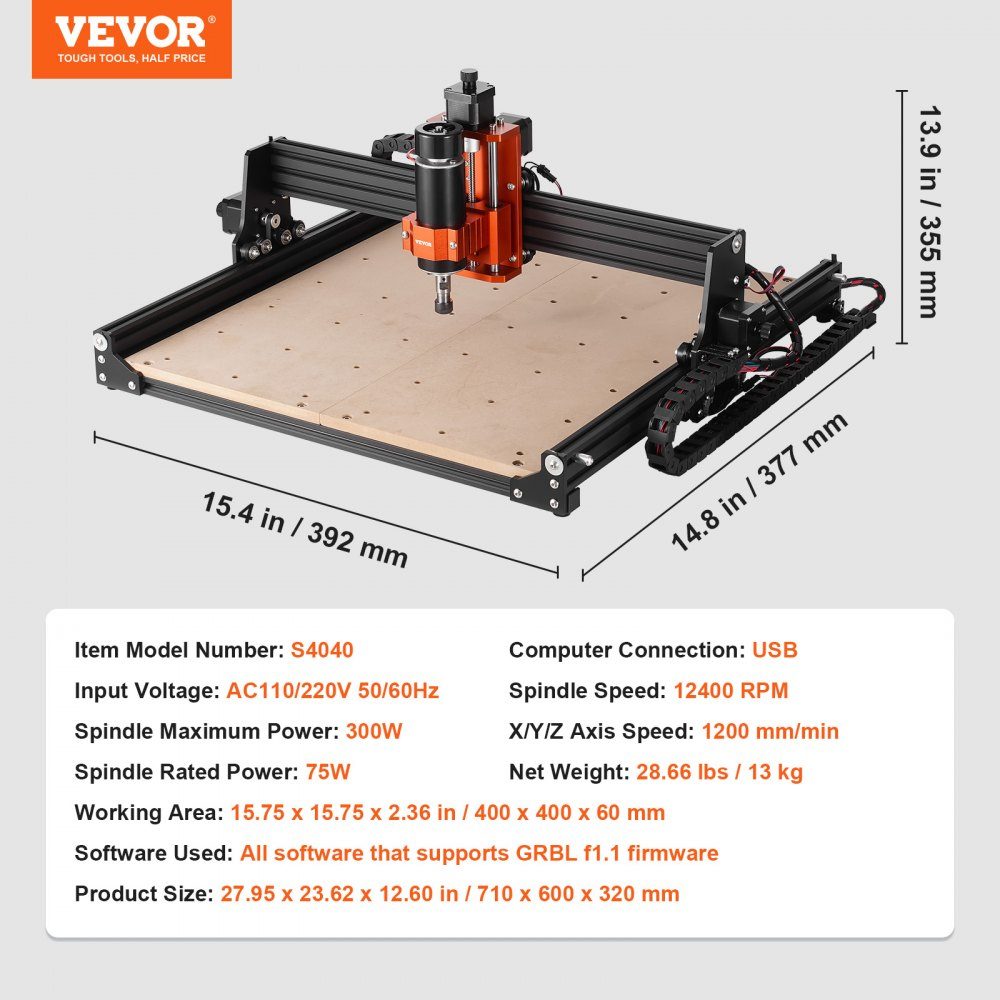 CNC Milling Machine 300W Engraving Machine 3 Axis GRBL Control Wood Engraving Carving Milling Machine Kit 400x400x60mm Work Area 1200RPM for Wood Acrylic MDF PVC Plastic Foam