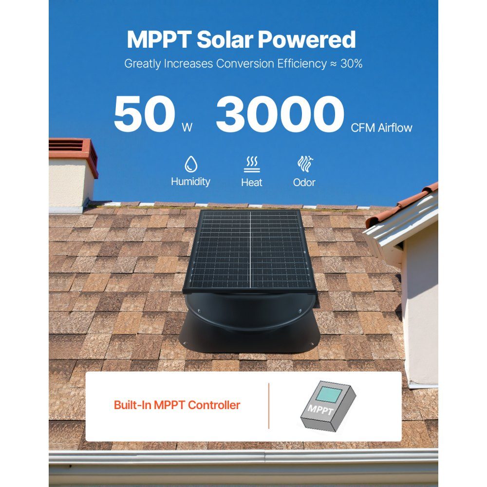 Solar Powered Fan, 50W Solar Roof Fan with Thermostat, Remote Control, 84950 L/min Airflow, Built-in Smoke Sensor with Auto Shut-off for Cooling and Dehumidification