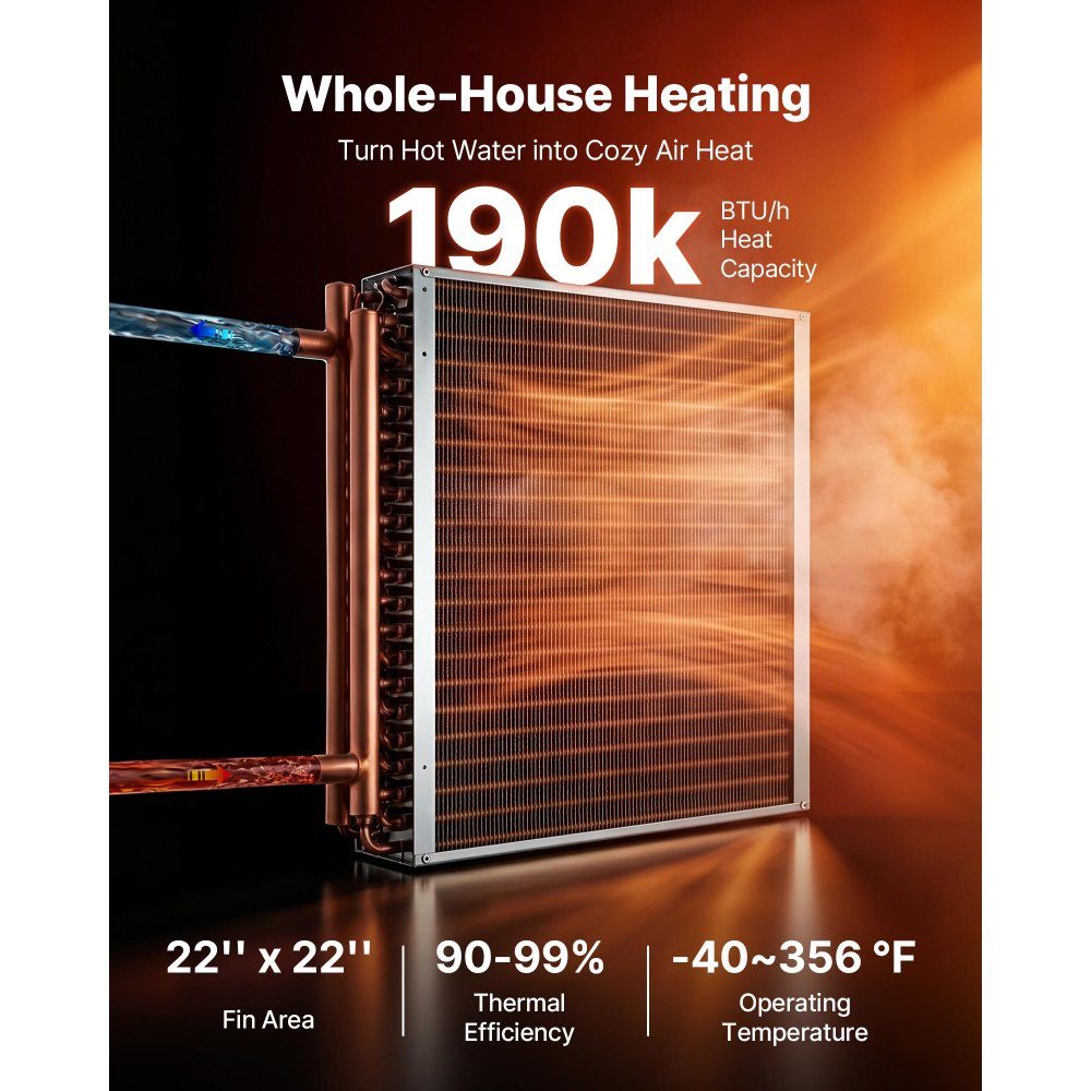 Échangeur de chaleur à ailettes 559x559mm, échangeur de chaleur 55,7kW avec connexions en cuivre et ailettes en aluminium, échangeur de chaleur eau-air avec pression de service de 2,5 MPa, échangeur de chaleur pour chauffer et refroidir l'intérieur
