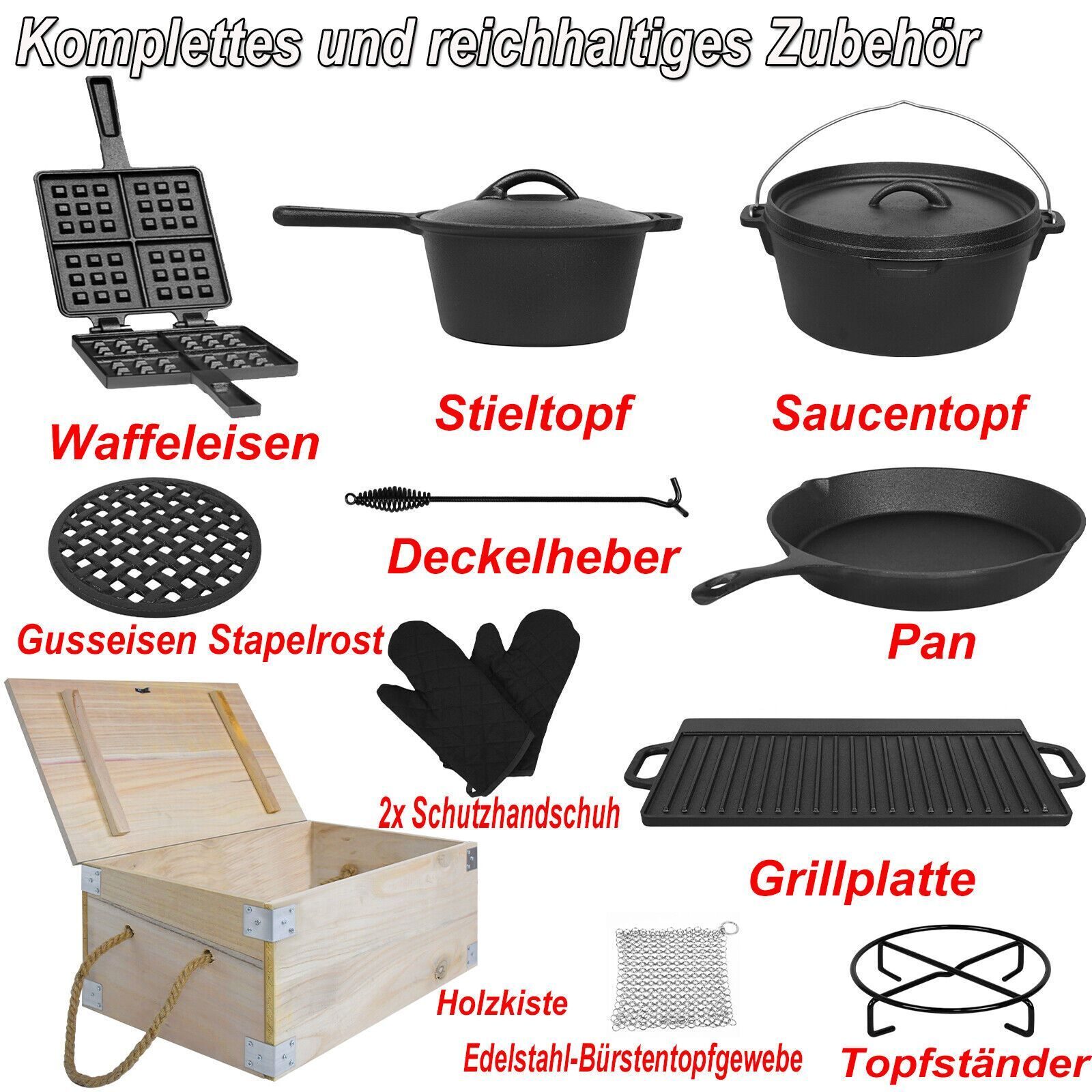 Dutch Cooking Pot 11-teiliges Oven Set Pot with Wooden Box Grill Plate Cast Iron Outdoor