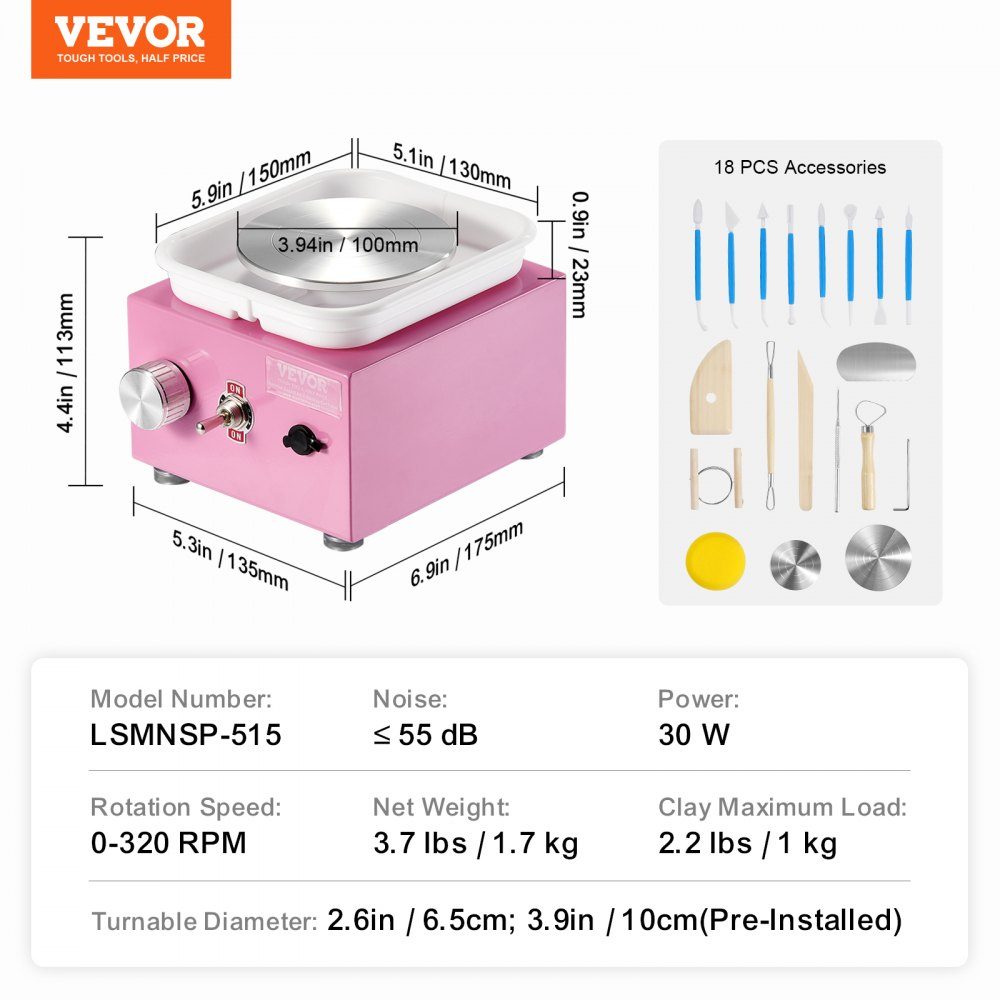 Mini Pottery Wheel 0-320RPM Adjustable Speed ​​Detachable Basin Molding Machine 2.5"/3.9" 2 Turntables Electric Ceramic Pottery Wheel 18 Pieces Accessories for Arts and Crafts DIY Pink