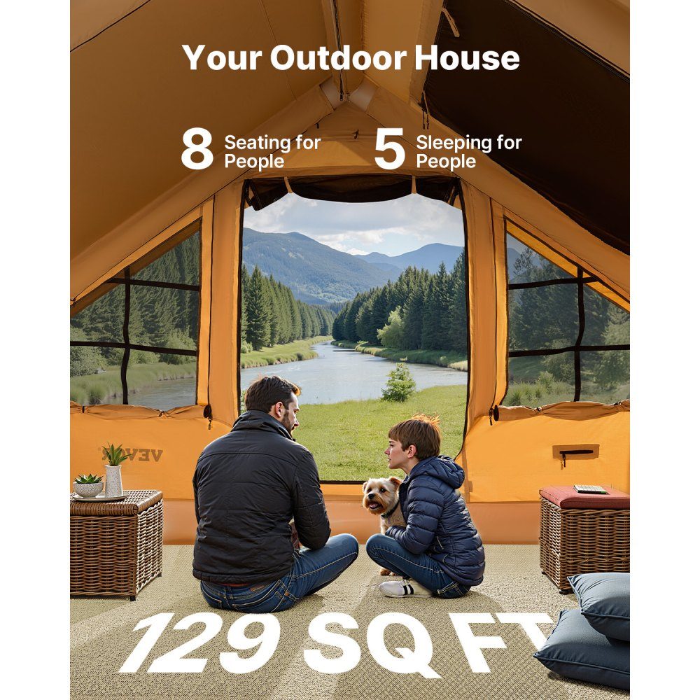 Aufblasbares Zelt für Camping, Zelt für 5–8 Personen mit Handpumpe, 4 x 3 x 2,2 m großes Glamping-Zelt mit 2 Oberlichtern, Vordach, Herdanschluss, 2 Türen, Netzfenstern und Aufbewahrungstasche