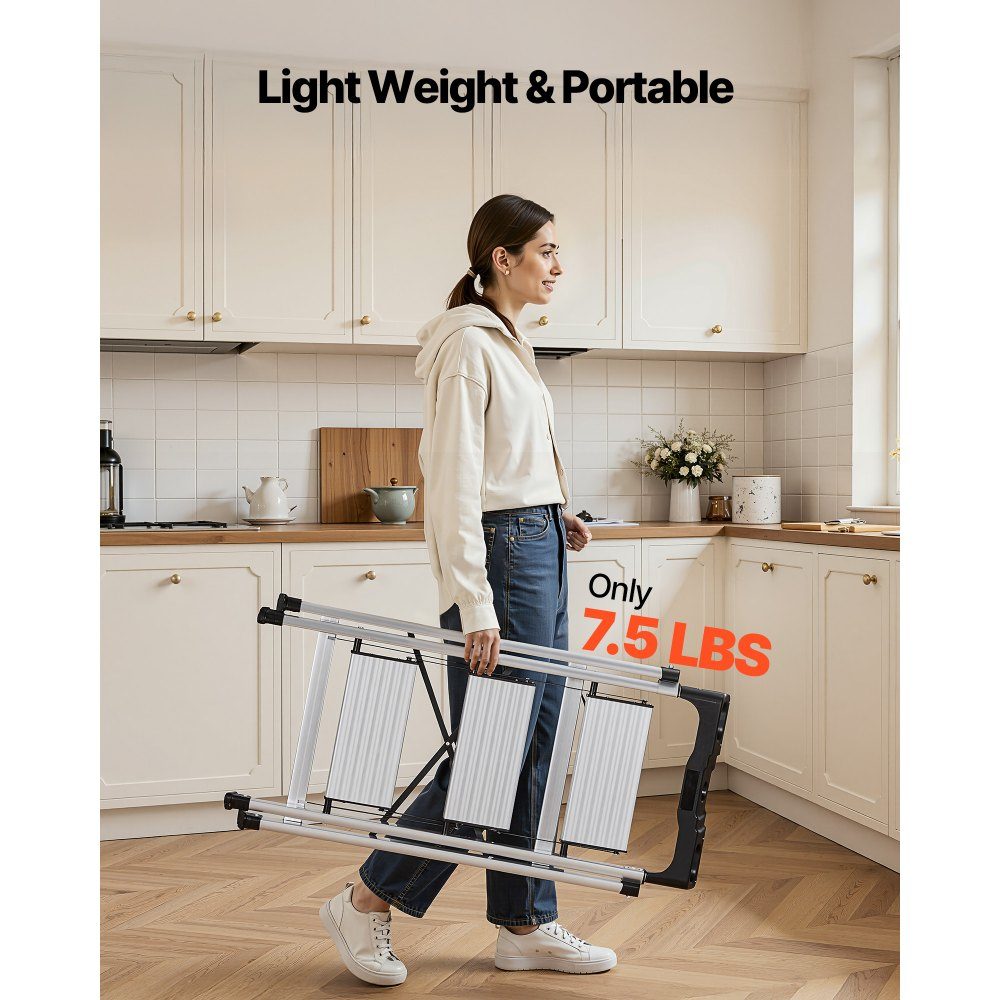 Trittleiter 3 Stufen, Klappleiter mit Anti-Rutsch-Stufen & komfortablem Griff, Haushaltsleiter Tragkraft 150 kg, Trittleiter aus Aluminium, Sicherheitsleiter für Küche, Lager, Haus & Büro