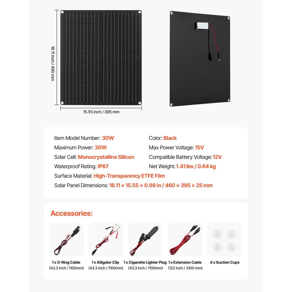 30 W 12V Solar Panel Charger, Monocrystalline Solar Panel Kit with Built-in Smart Controller and 3 Connection Cables, Portable for RV, Car, Motorcycle, Boat, Van, Motorhome