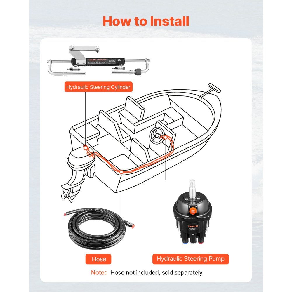 Outboard Hydraulic Steering Kit, 70kW (90HP) Hydraulic Steering Pump and Cylinder, 6.9MPa Working Pressure, Aluminum Alloy Housing, Check Valve, for Outboard Motors, Fishing and Sailboats