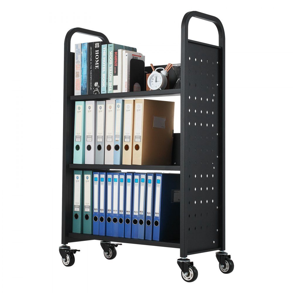Bücherwagen, 150 kg Tragkraft, Bibliothekswagen, 77 x 38 x 122 cm, einseitiges L-förmiges Bücherregal mit Doppelbremsrädern, Bücherregalwagen für Wohnzimmer, Büro, Schule, Schwarz
