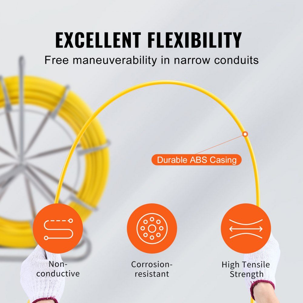 Retractable Tape 200m 5/16" Pipe Puller Retractable Tape Wire Puller Cable Management Rod with Steel Reel Stand 3 Pull Heads Fishing Tool for Walls and Electrical Wires Non-Conductive