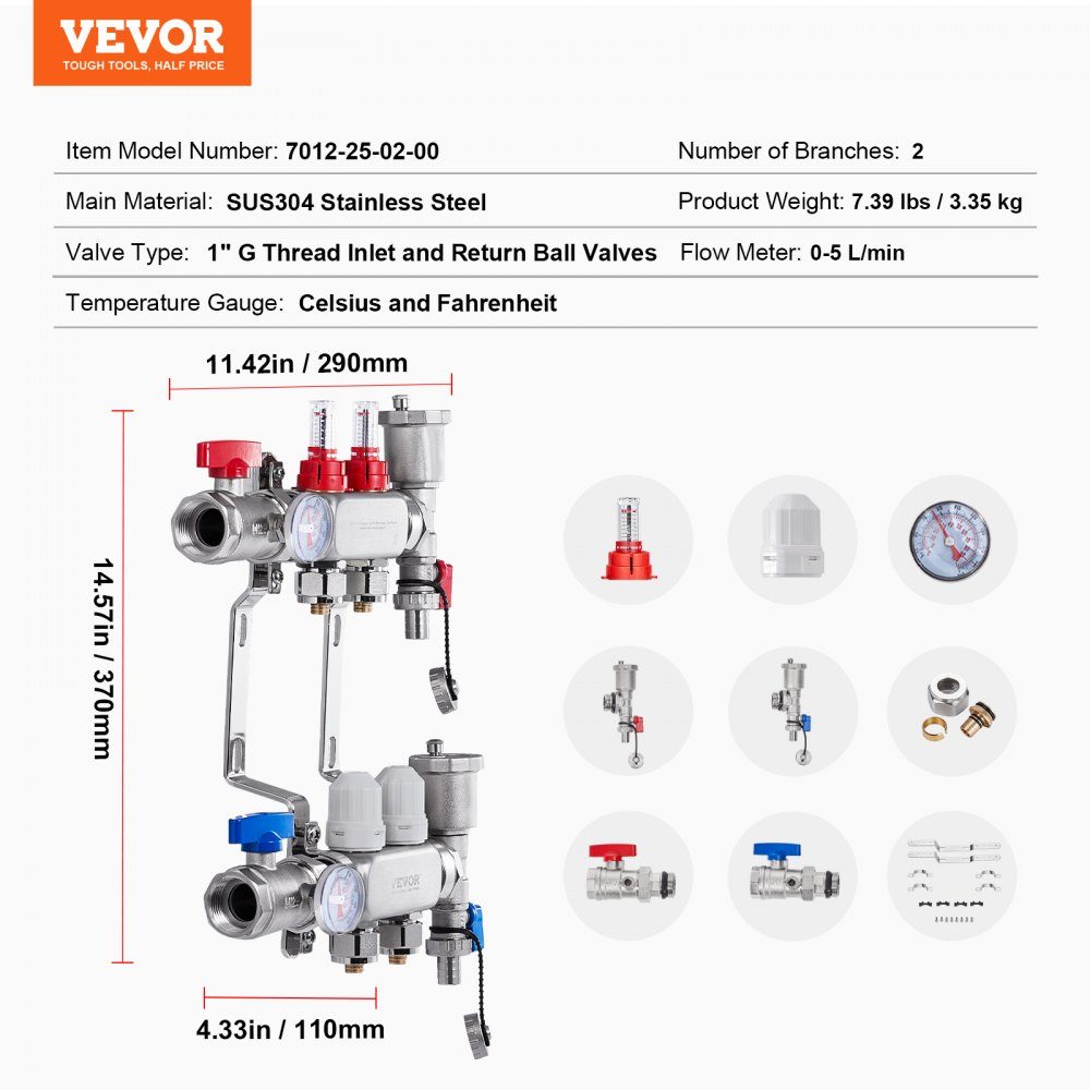 Wärmeverteiler mit 2 Zweigen, 1/2-Zoll-PEX-Rohrverteiler, PEX-Verteiler aus Edelstahl für hydronische Fußbodenheizung, Wärmeverteilungs-PEX-Verteiler-Kit mit 1/2-Zoll-Adaptern im Lieferumfang enthalten