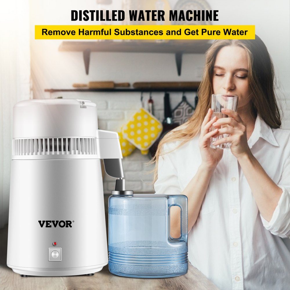 Waterdestilleerder drinkwater, 750W waterdestilleerder 1,3 L/H distilleerder waterdestilleerder, 304 roestvrijstalen witte distilleerder met handvat, thermostaat