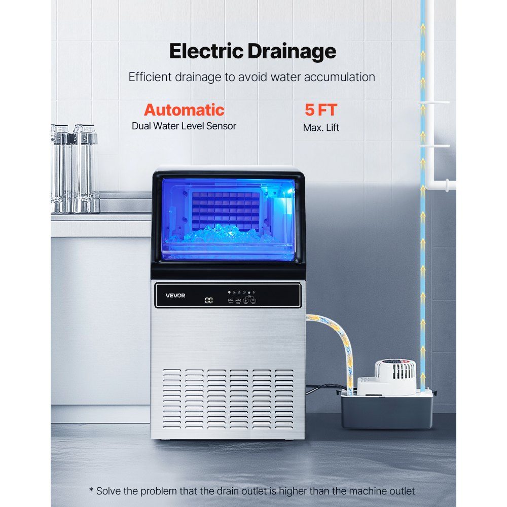 Machine à glaçons professionnelle avec pompe 59 kg/jour avec capacité de stockage de 15 kg, 45 glaçons par cycle, sur pied et sous comptoir, avec écran LED et autonettoyante, pour bar restaurant à domicile