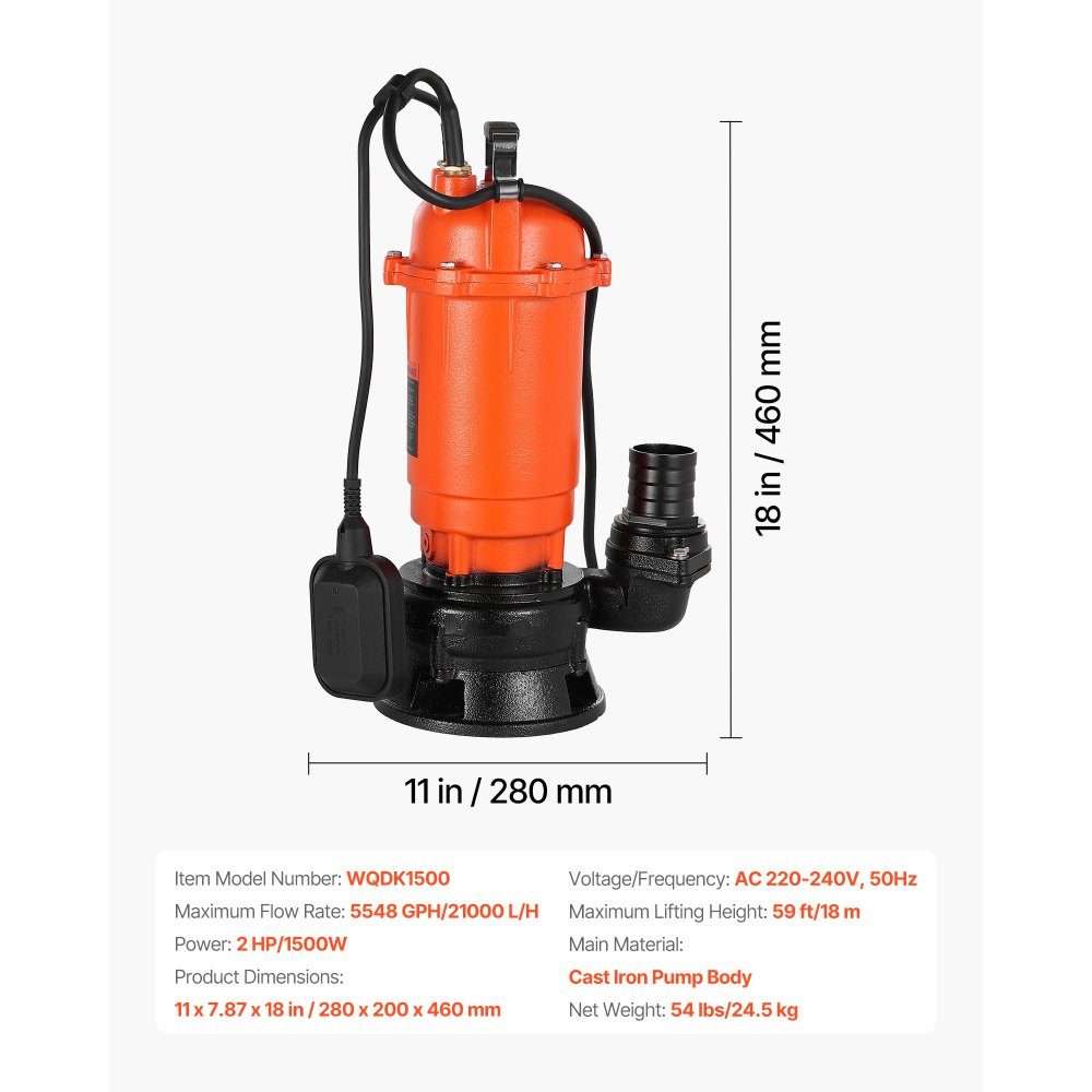 1500 W Tauchpumpe, 21000 l/h, Schmutzwasserpumpe aus Gusseisen mit automatischem Schwimmerschalter, 18 m Förderhöhe zum Abpumpen von Schmutzwasser, für Pools, Teiche & überschwemmte Gebiete