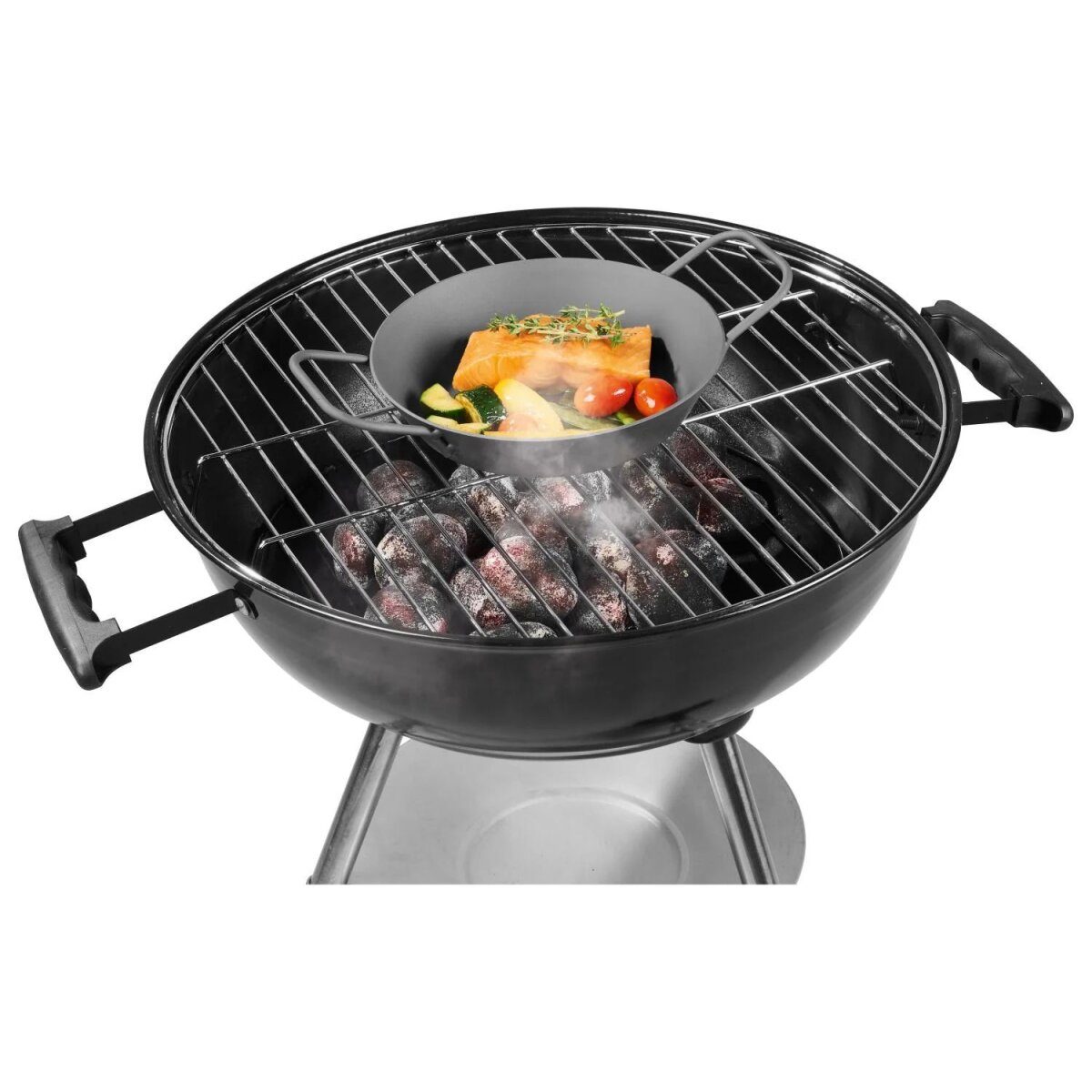 GRILLMEISTER Ø 32 Eisen-Grillpfanne / Ø 28,5 Eisen-Grillpfanne mit gelochtem Boden / Ø 20 Eisen-Grillpfanne mit Servierbrett (Eisenpfanne 20 cm)