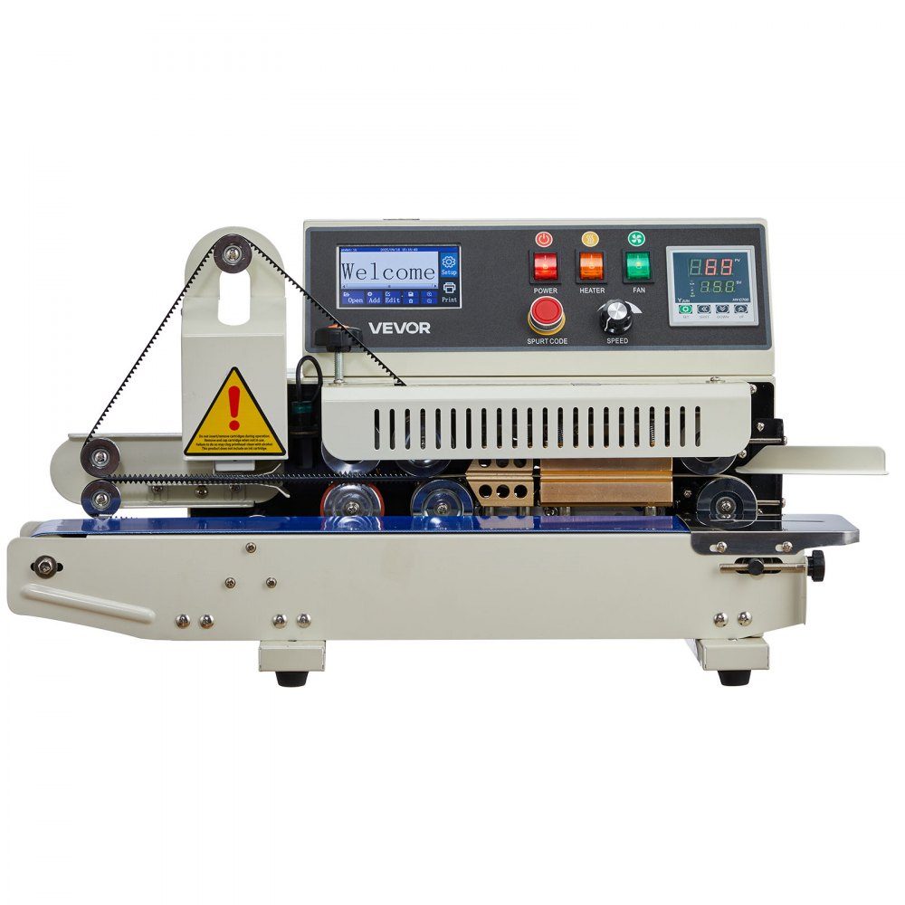Continuous sealing machine, 6-12mm sealing width, horizontal, with ink printing, sealing machine, temperature and speed adjustable, for 0.03-0.8mm plastic bags