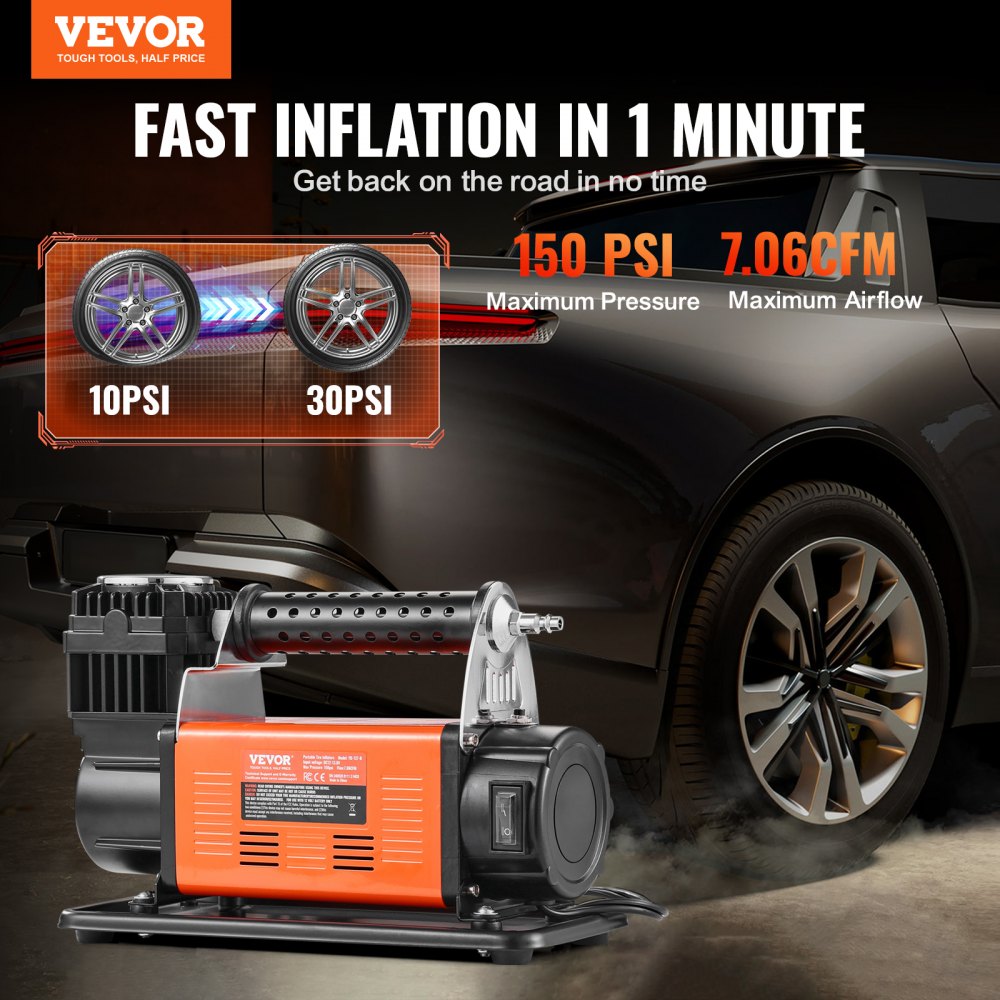 Tragbarer 12-V-Reifenfüller, 7,06 CFM Hochleistungs-Luftkompressor, 150 PSI Off-Road-Luftpumpe mit Adaptern für Auto, SUV, Wohnmobil, LKW – inklusive 6,5-Fuß-Netzkabel, 26-Fuß-Luftschlauch mit Manometer, Tragetasche